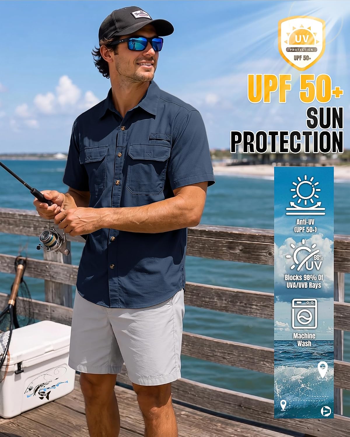 Detalle de Outdoor Ventures Men's Lightweight Short Sleeve Fishing Shirt UPF 50+