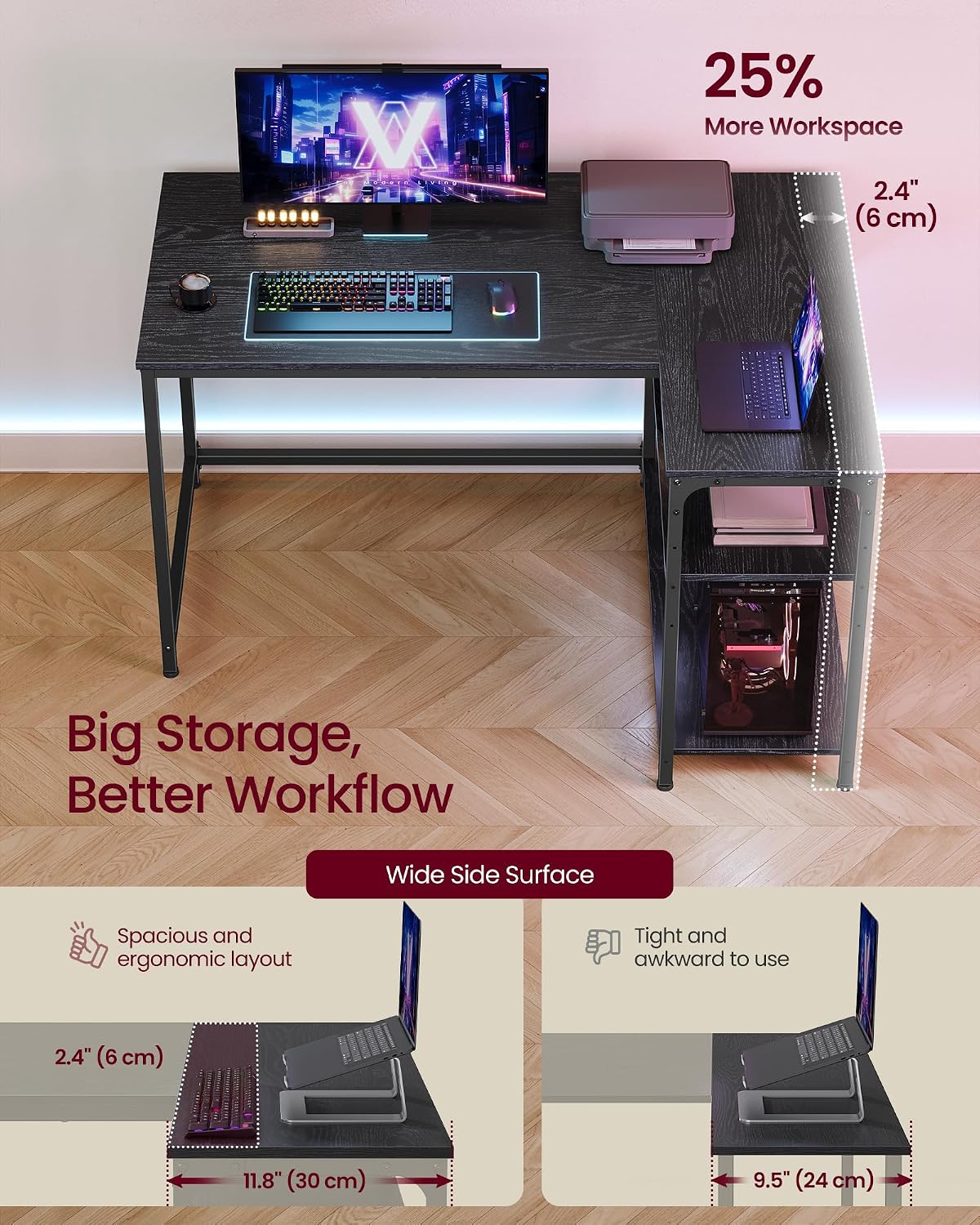 Detalle 2 de VASAGLE L Shaped Corner Desk 120x80 cm