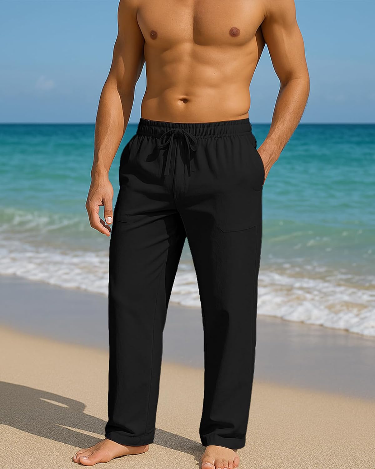 Detalle de BUXKR Men’s Casual Summer Pants with Elastic Waist, Drawstring and Deep Pockets