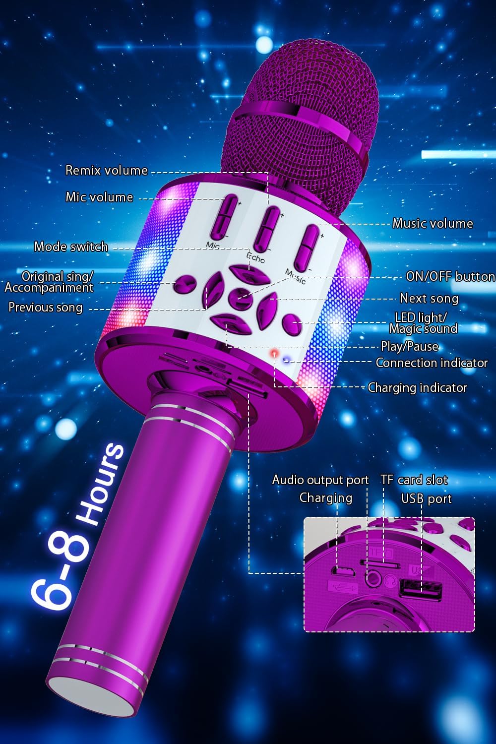 Thumbnail 5 de BONAOK Microfono Bluetooth Karaoke portatile per adulti con cambio voce e altoparlante (Viola)