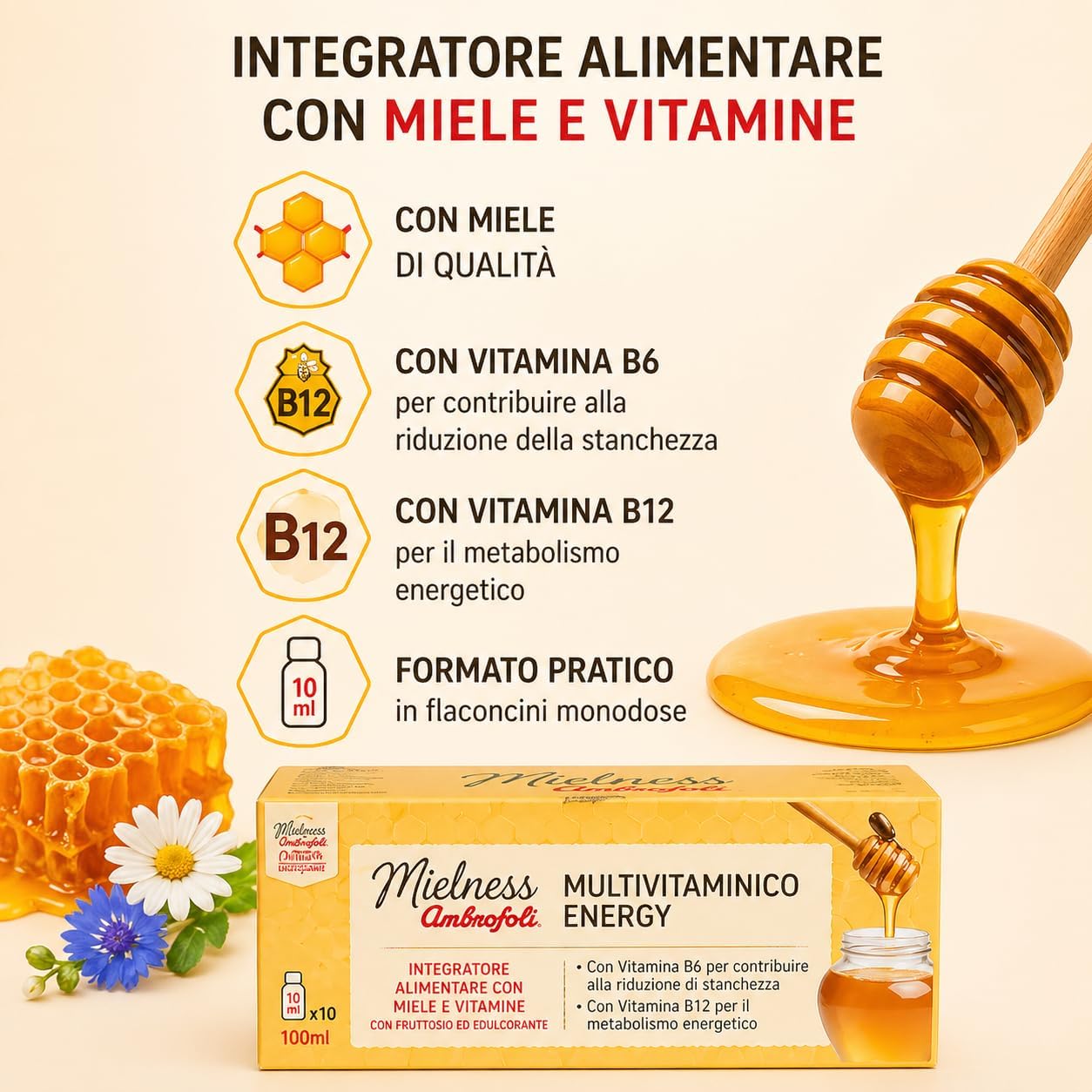 Thumbnail 1 de Ambrosoli Multivitaminico Energy con Miele – Integratore per Stanchezza e Affaticamento (10 flaconcini da 10 ml)