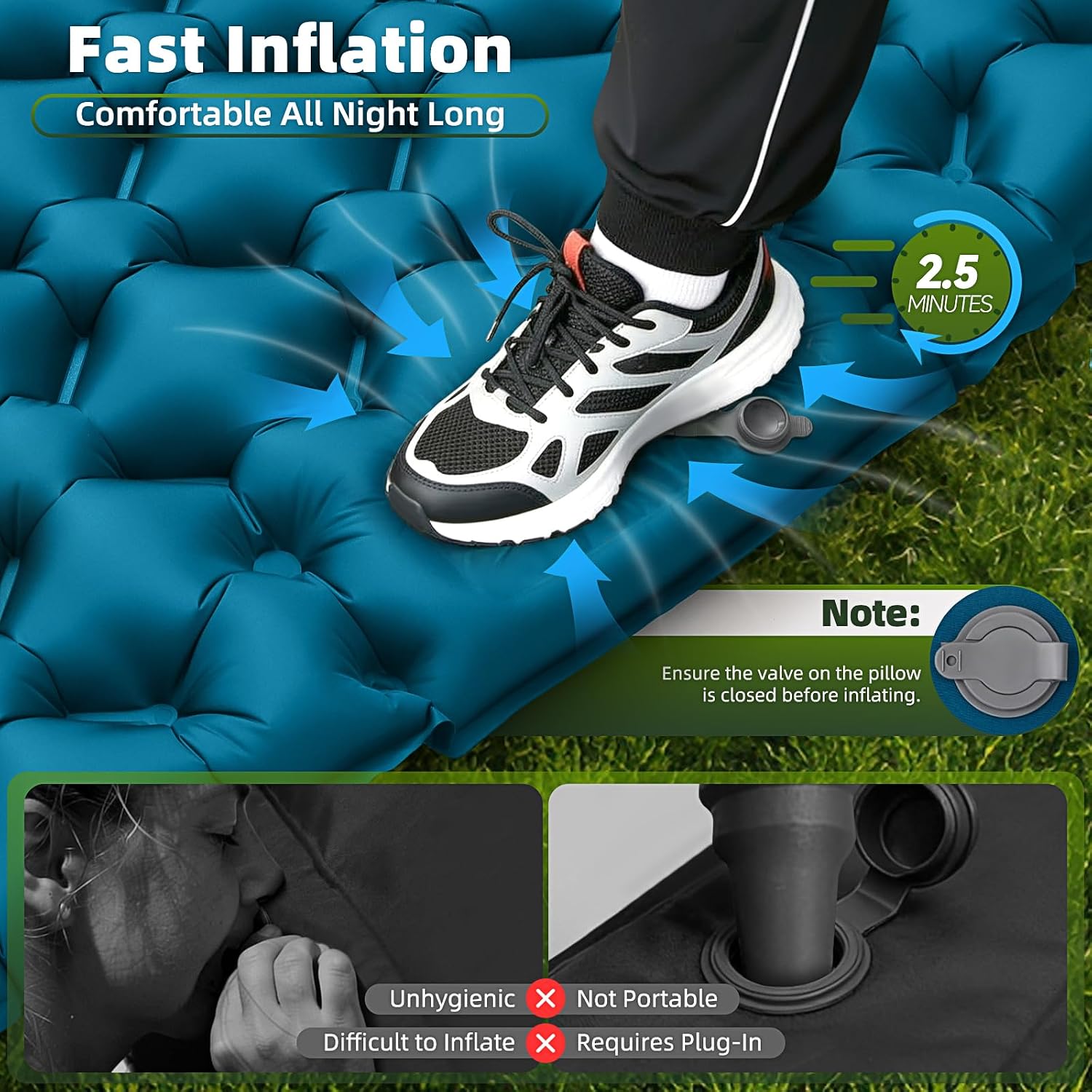 Detalle de Sleeping Pad Camping Mat Double 9.5cm Thick, 204x130cm with Built-in Foot Pump