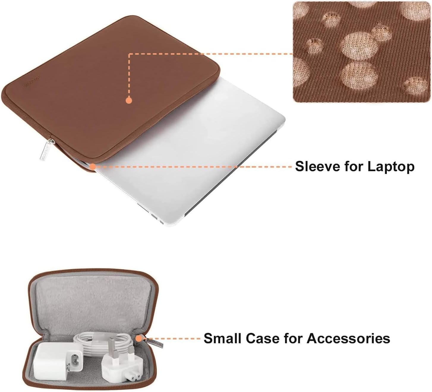 Detalle de MOSISO 15 Zoll Laptophülle Karamellbraun – Neoprenhülle mit Dreilagen-Schutz und Zubehörfach