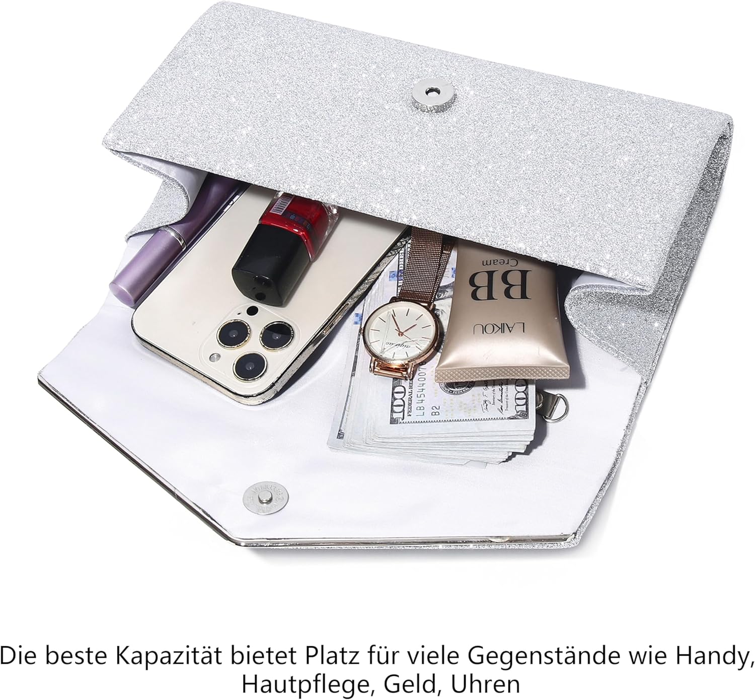 Detalle de Mooedcoe Glitzer Clutch Damen – Elegante silberne Abendtasche mit abnehmbarer Kette