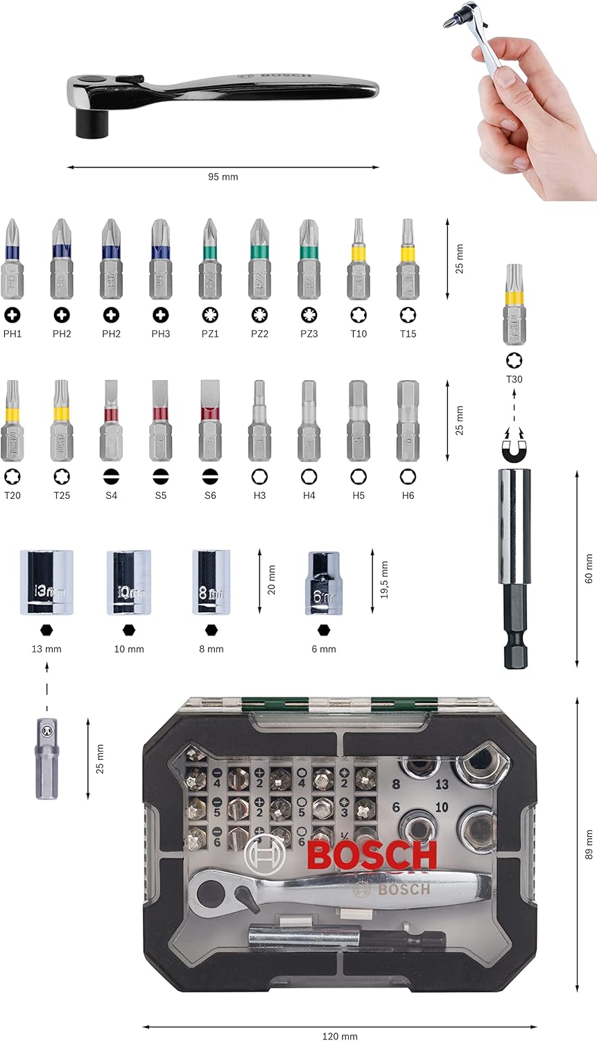 Thumbnail 1 de Bosch 26pc Screwdriver Bit and Ratchet Set with Colour-Coded Bits & Magnetic Holder