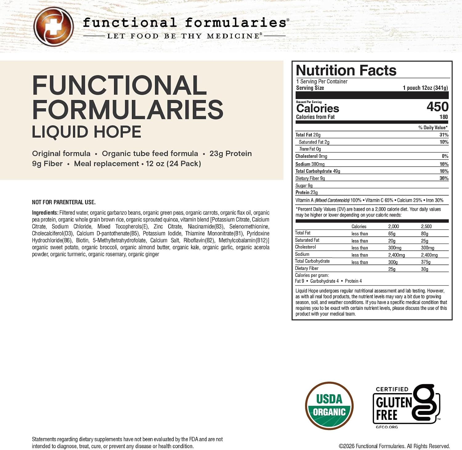 Detalle de Functional Formularies 212798 Liquid Hope Organic Tube Feeding Formula, 24-Pack