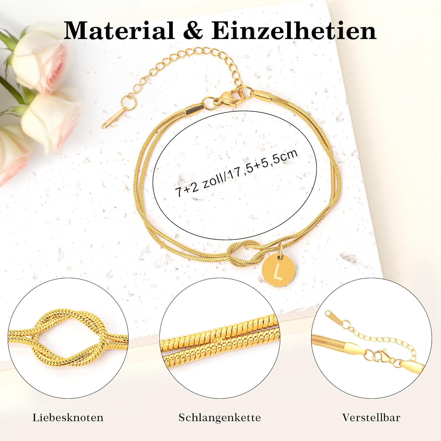 Detalle de Armband Damen Gold mit Liebesknoten und Buchstaben – 14K Vergoldet, personalisierbar