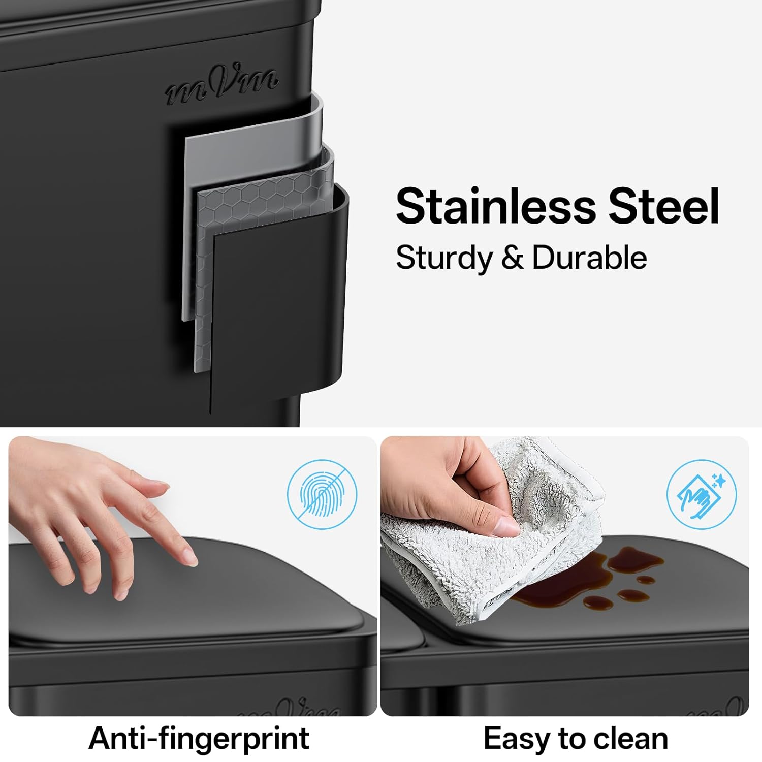 Detalle de mVm 3-Compartment Kitchen Trash Can, 16-Gallon Black Stainless Steel