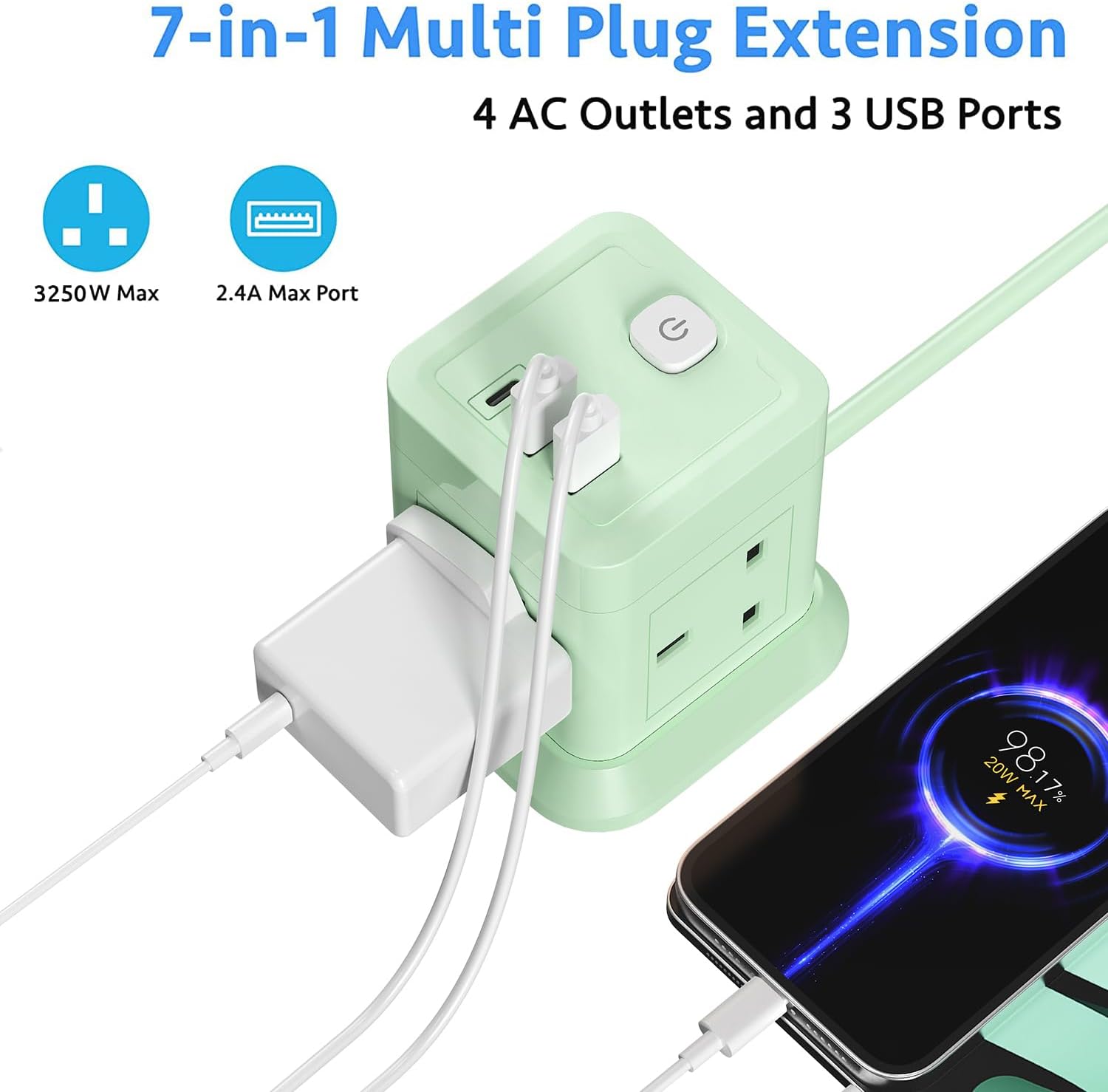 Detalle de 3M Extension Lead Cube With USB – 4 AC Outlets, 3 USB Ports and 3m Extension Cable