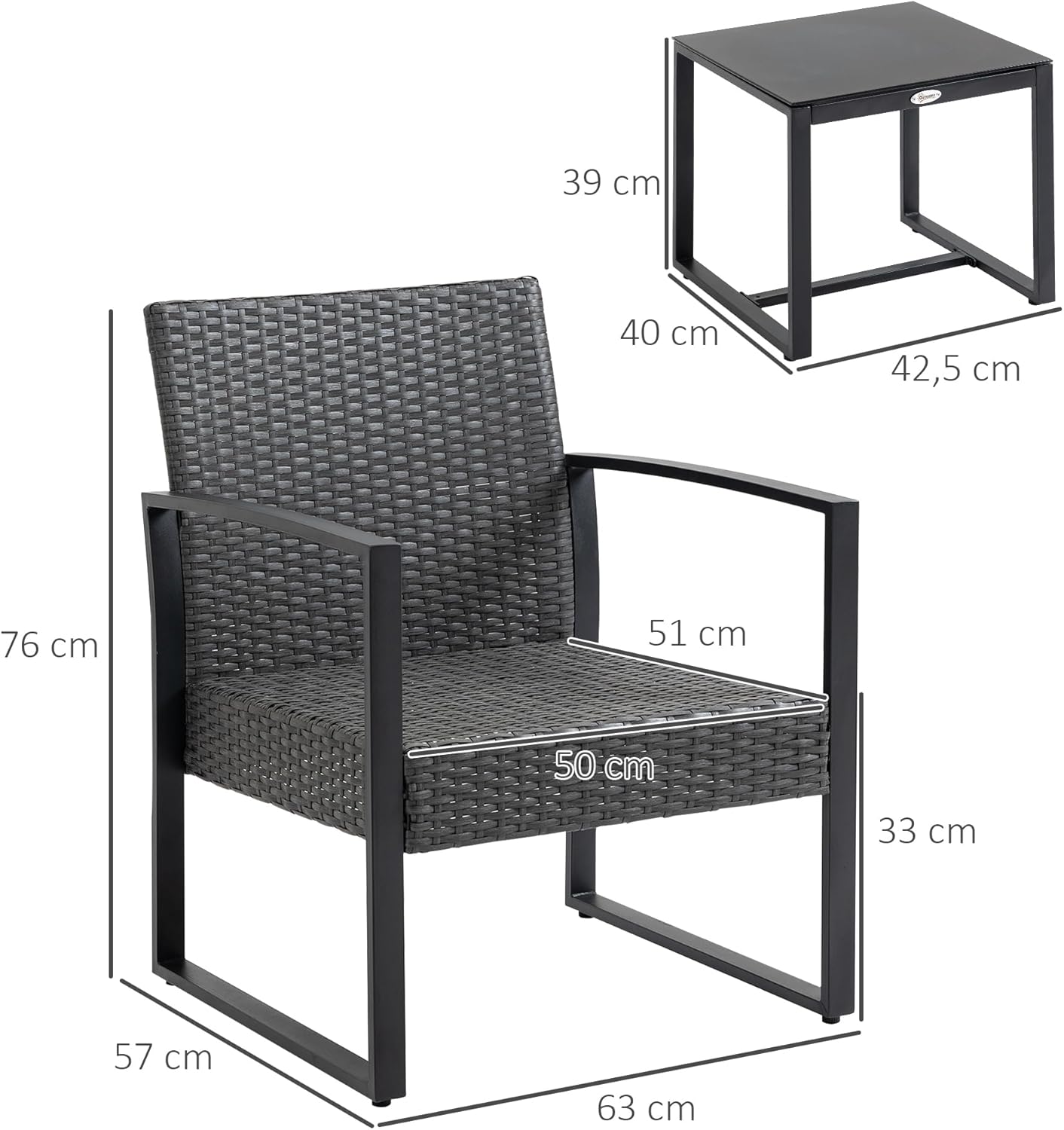 Thumbnail 6 de Outsunny Salon de Jardin 2 Places – Ensemble rotin PE avec Table Verre Trempé (gris)