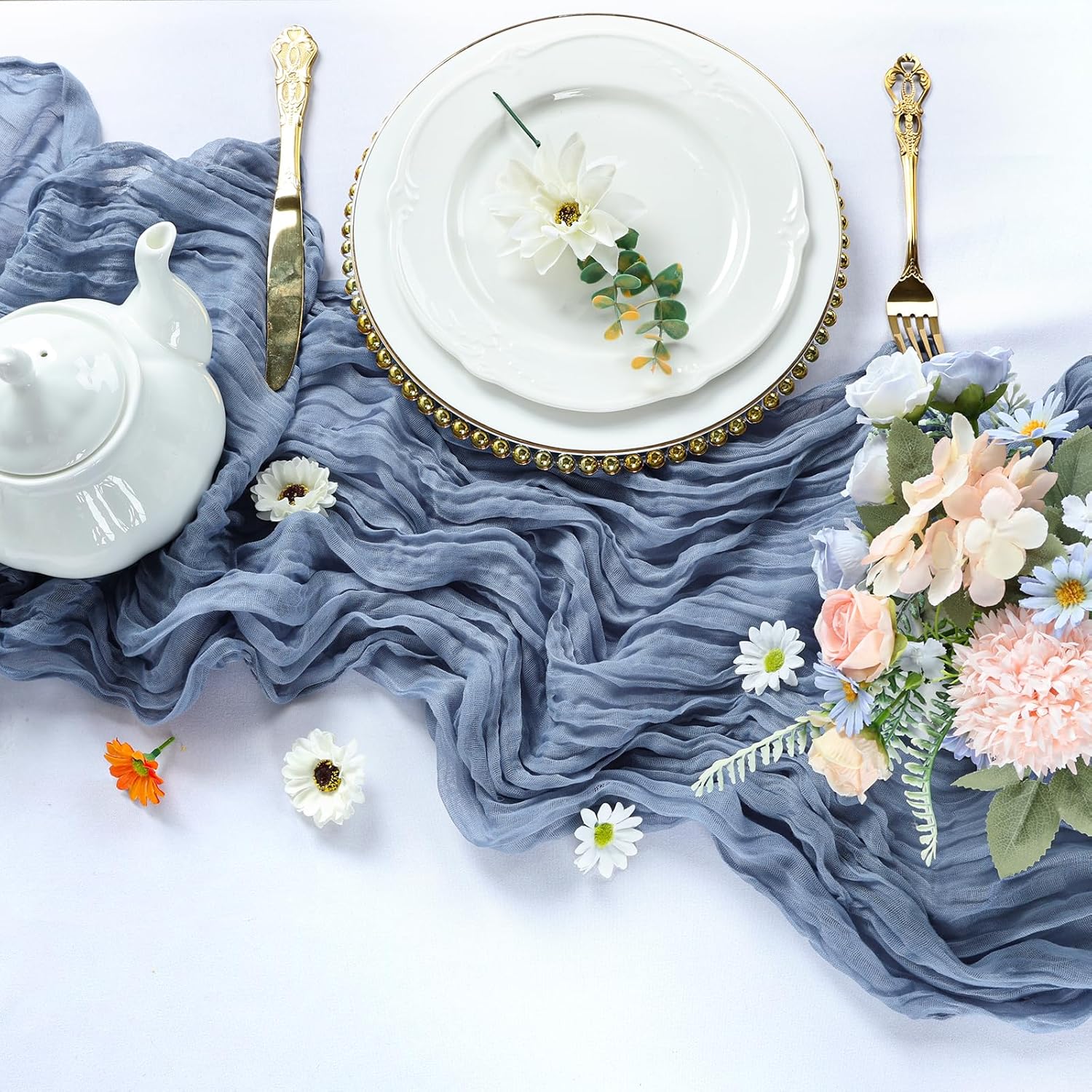 Thumbnail 2 de RestfulGlow 6-Pack Dusty Blue Cheesecloth Table Runner Set (10 ft) — Boho Gauze for Parties, Weddings & Baby Showers