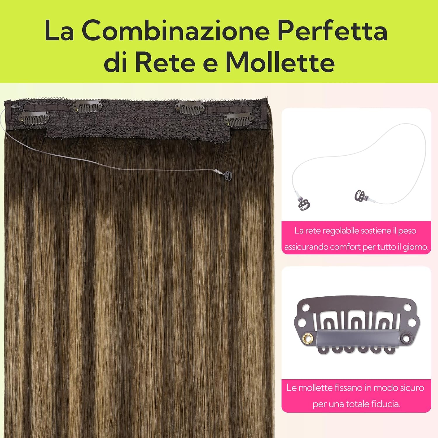 Thumbnail 3 de hotbanana Extension Capelli Veri con Filo Invisibile, 45 cm – Balayage Marrone Cioccolato a Biondo Caramello