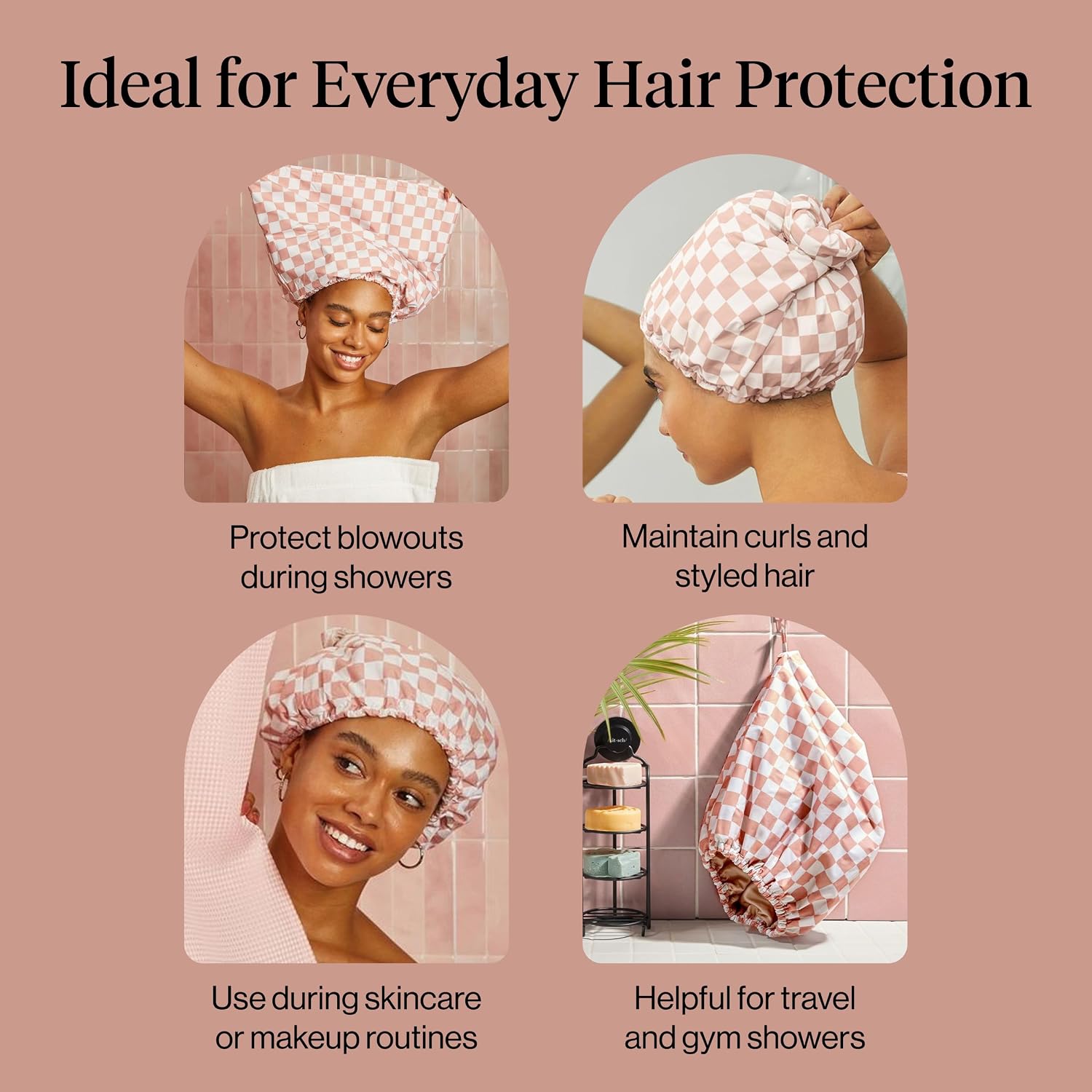 Detalle 2 de Kitsch 61418 Satin-Lined Flexi Shower Cap, Terracotta Checker