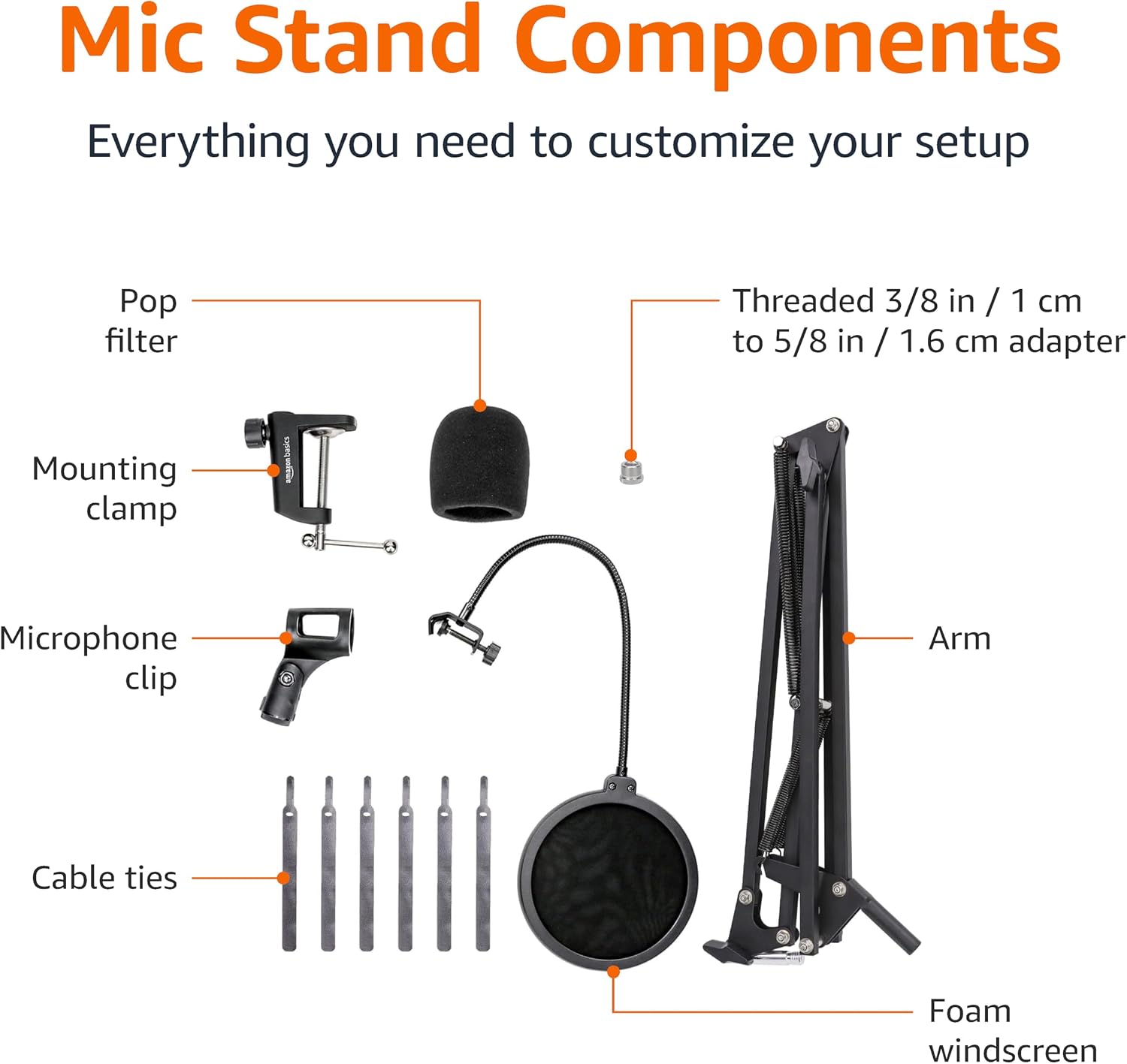 Detalle de Amazon Basics Adjustable Microphone Arm Stand with Pop Filter & Foam Windscreen (14-inch) – Table Mount, 360° rotation