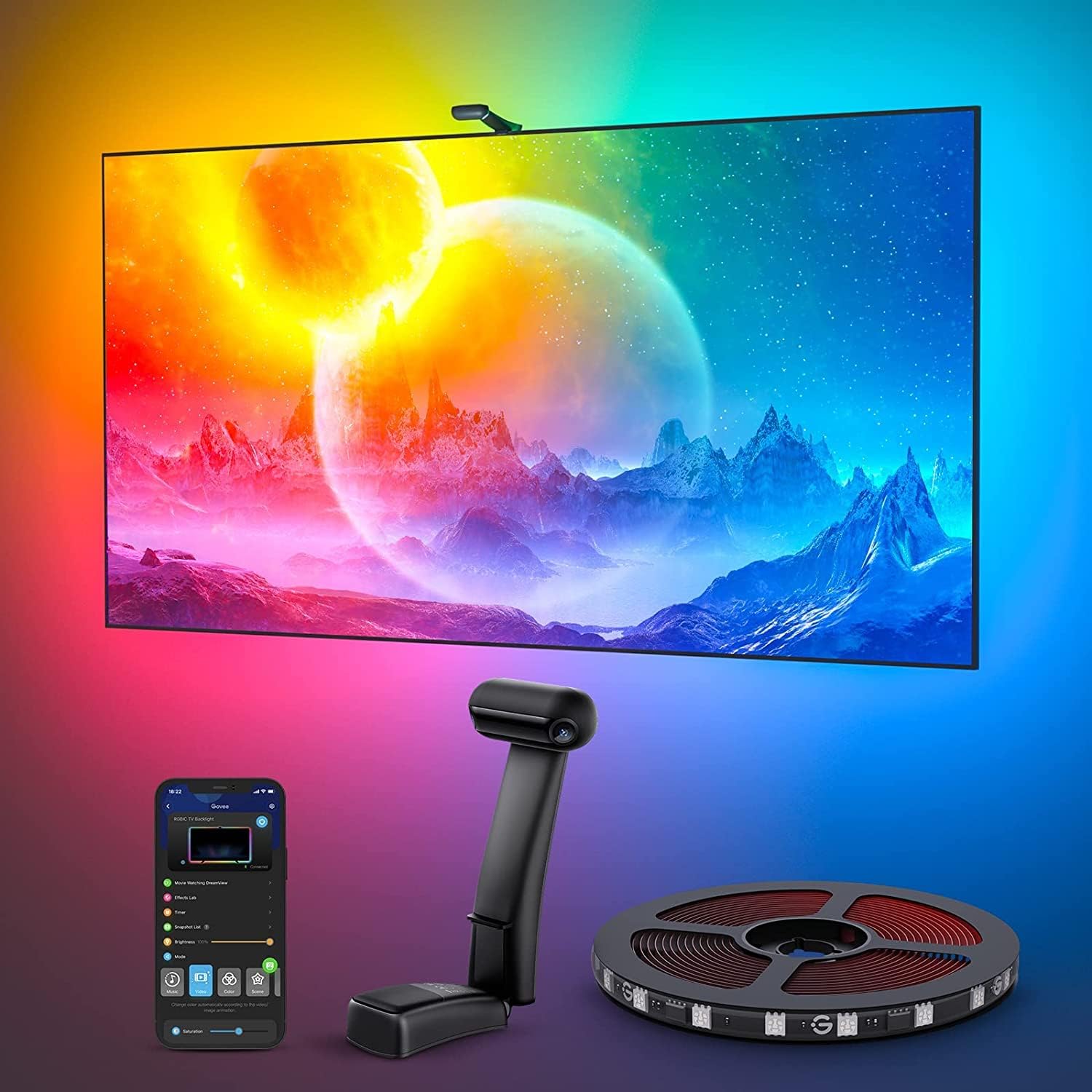 Detalle de Govee Envisual TV Hintergrundbeleuchtung T2 mit Dual-Kamera für 75–85 Zoll, RGBIC WiFi LED Strip (Alexa & Google Assistant)
