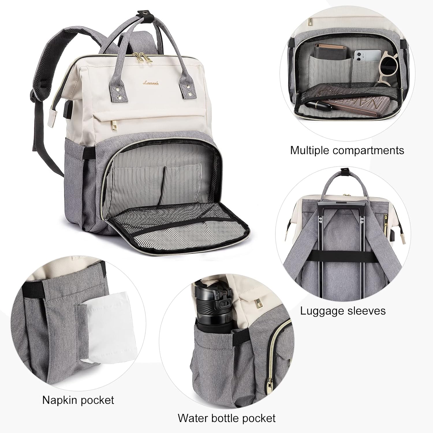 Detalle de LOVEVOOK Laptop Backpack Women 17 inch – Beige/Grey