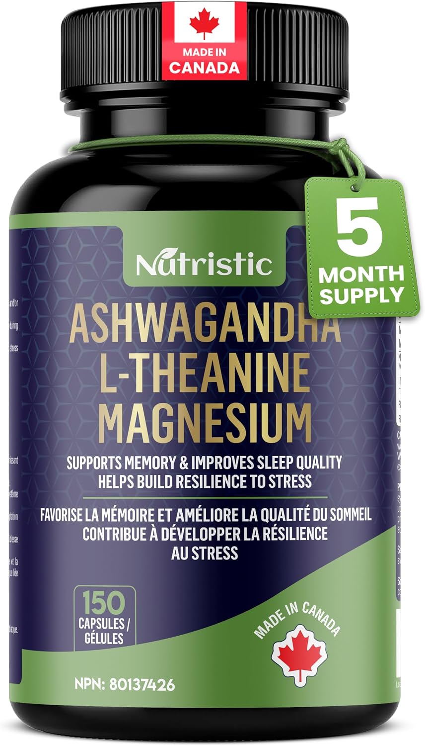 Detalle de Nutristic 3-in-1 Ashwagandha Capsules with L-Theanine & Magnesium, 150 Count