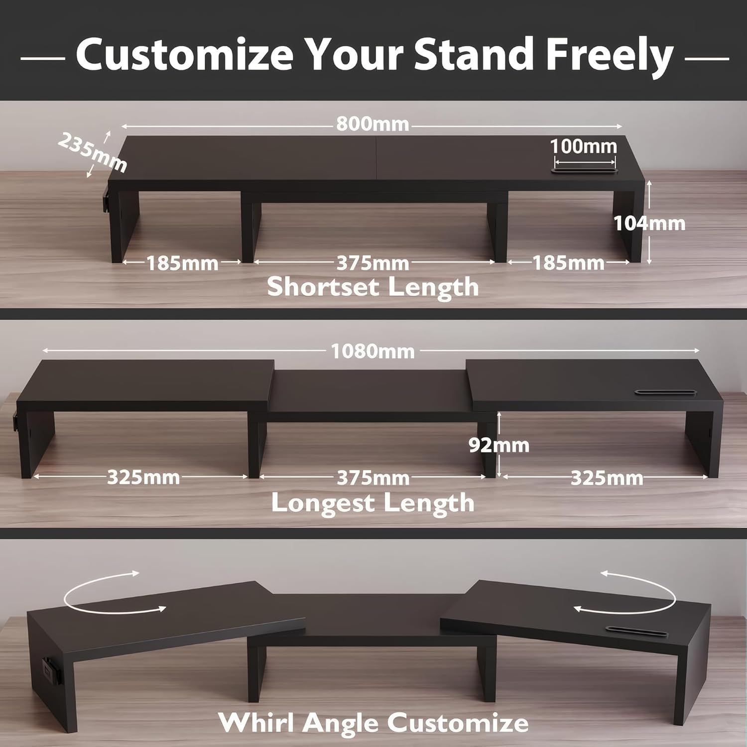 Detalle 2 de BONTEC Dual Wooden Monitor Stand adjustable angle