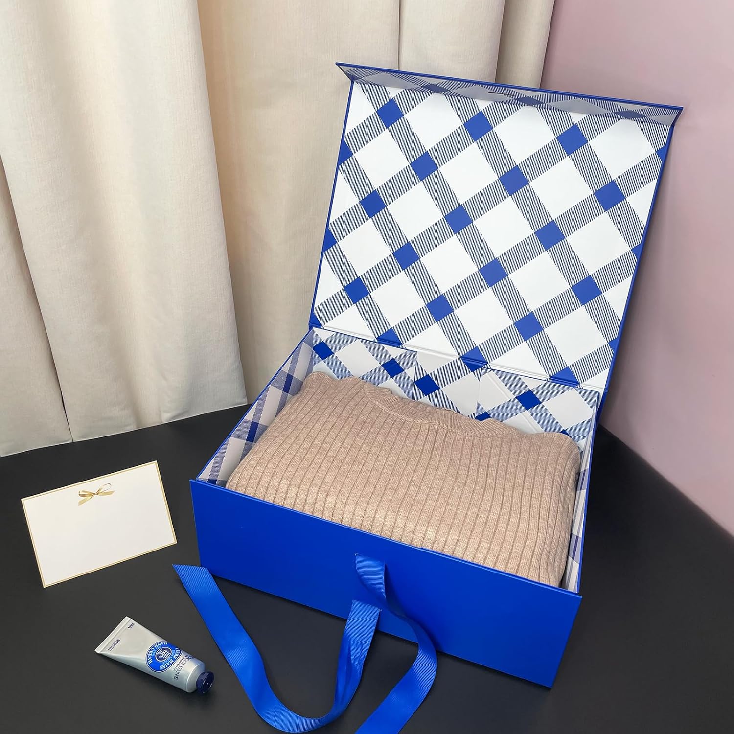 Thumbnail 4 de Tekhoho große Geschenkbox Blau (33,5 x 27 x 12,5 cm) mit Magnetdeckel und kariertem Innenfutter