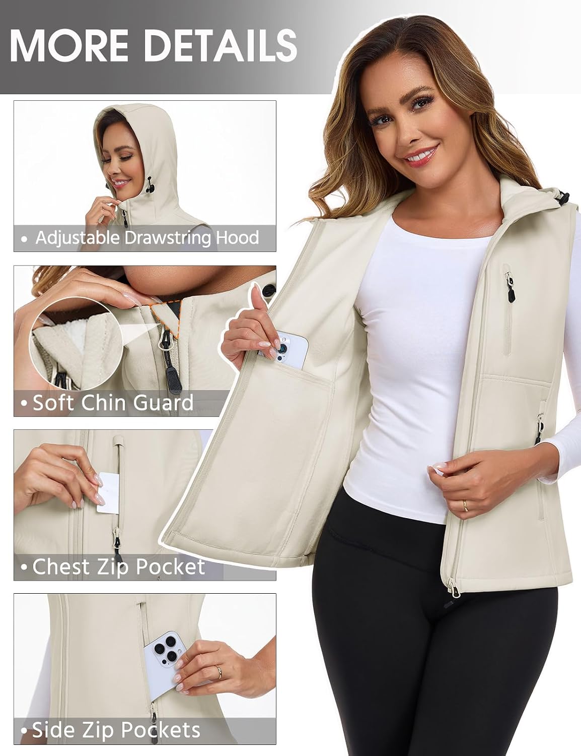 Detalle 2 de RITOSTA Women's Softshell Gilets: Lightweight, Waterproof, Fleece-Lined Hooded Vest