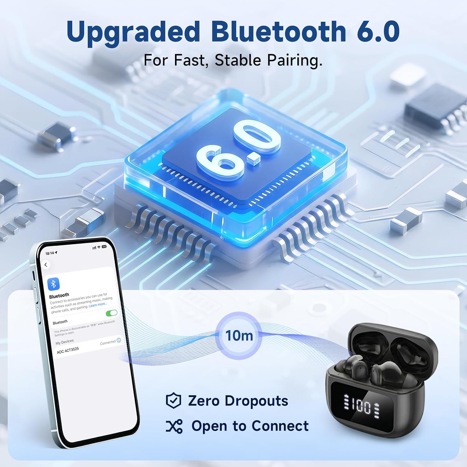 Detalle 2 de AOC Wireless Earbuds Bluetooth 6.0 with ANC, 40H Playtime and LED Case Display