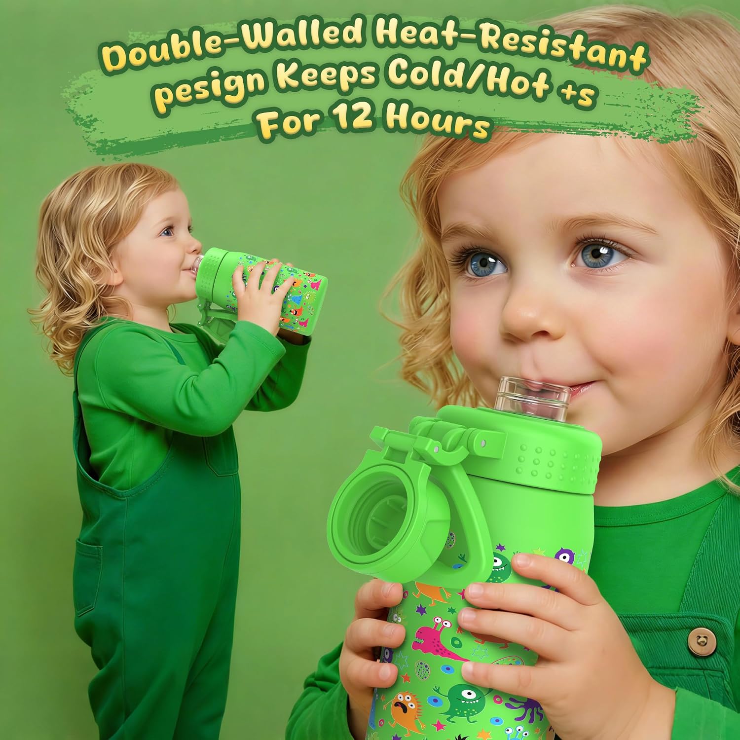 Detalle de GOPPUS 420ml Kids Insulated Water Bottle with Screw Lid (No Straw) – Green Monster