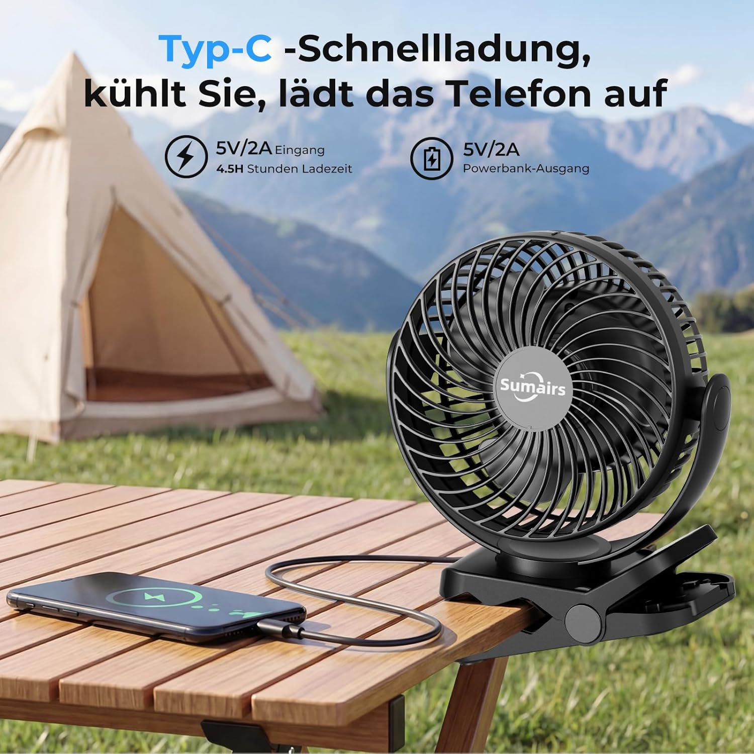 Thumbnail 4 de Sumairs 5.5" Clip-on Rechargeable Camping Fan (10,000mAh) with Remote, LED & Power Bank