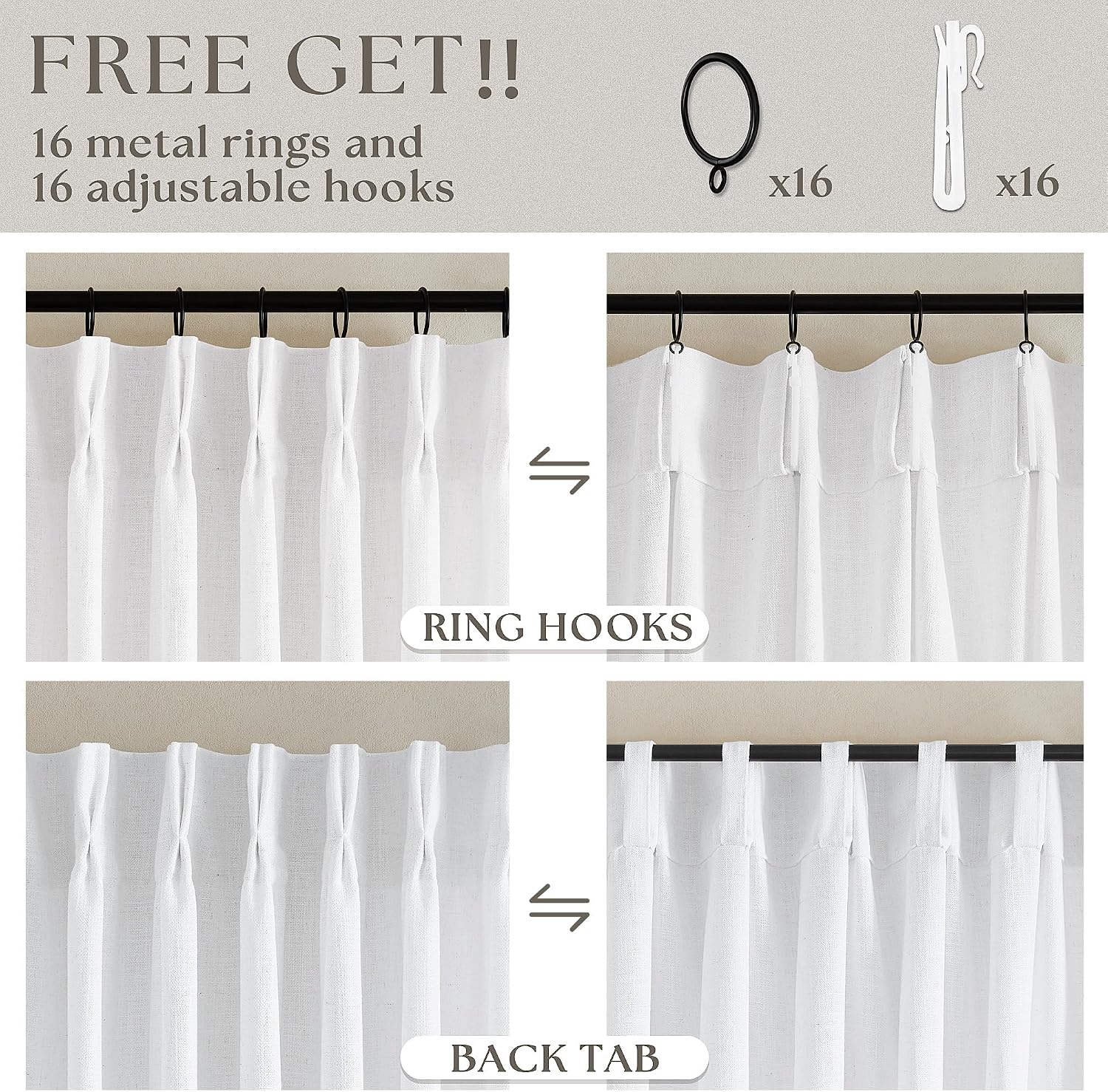 Thumbnail 4 de Linen Cotton Pleated Curtains 96 in, 2 Panels 🪟