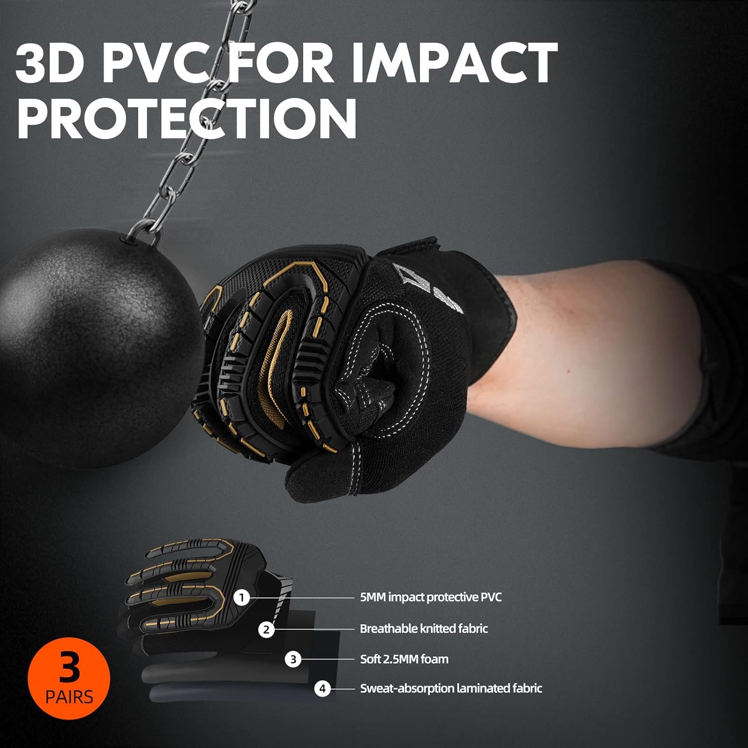 Thumbnail 1 de Vgo Safety Work Gloves Touchscreen, Anti Impact Heavy Duty (3 pairs) ⌚