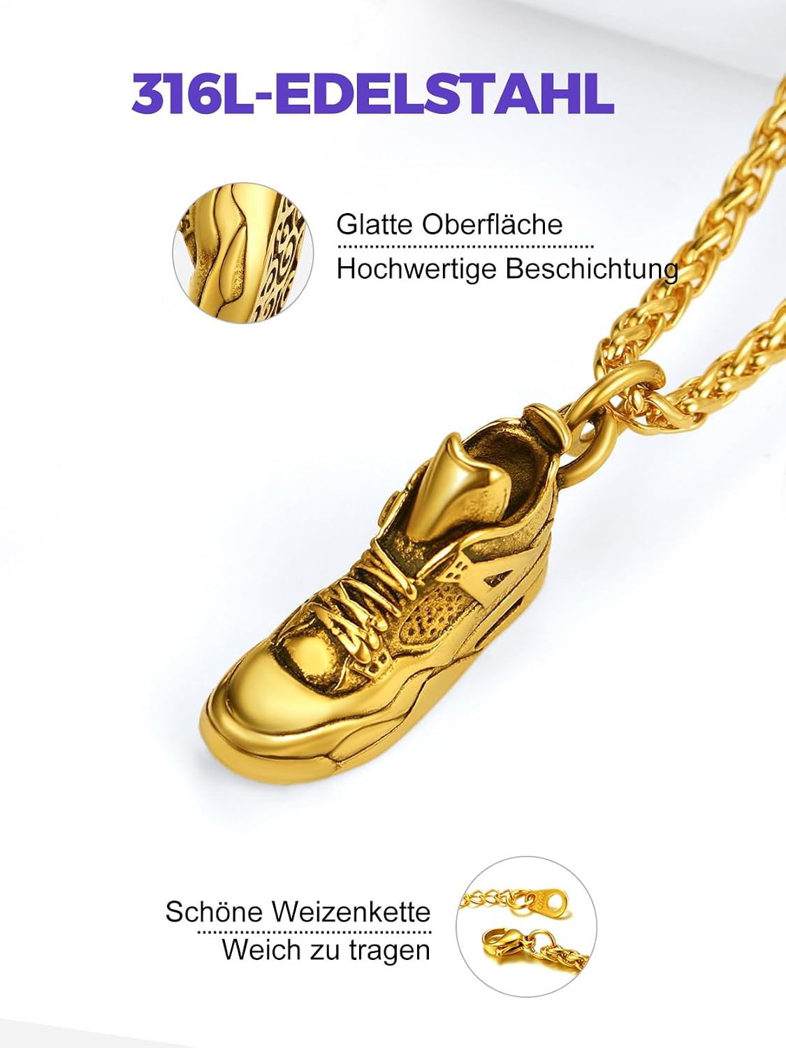 Detalle de Richsteel Kettenanhänger aus 316L Edelstahl mit Sportschuh-Anhänger – Silber/18k vergoldet, Herren & Jungen