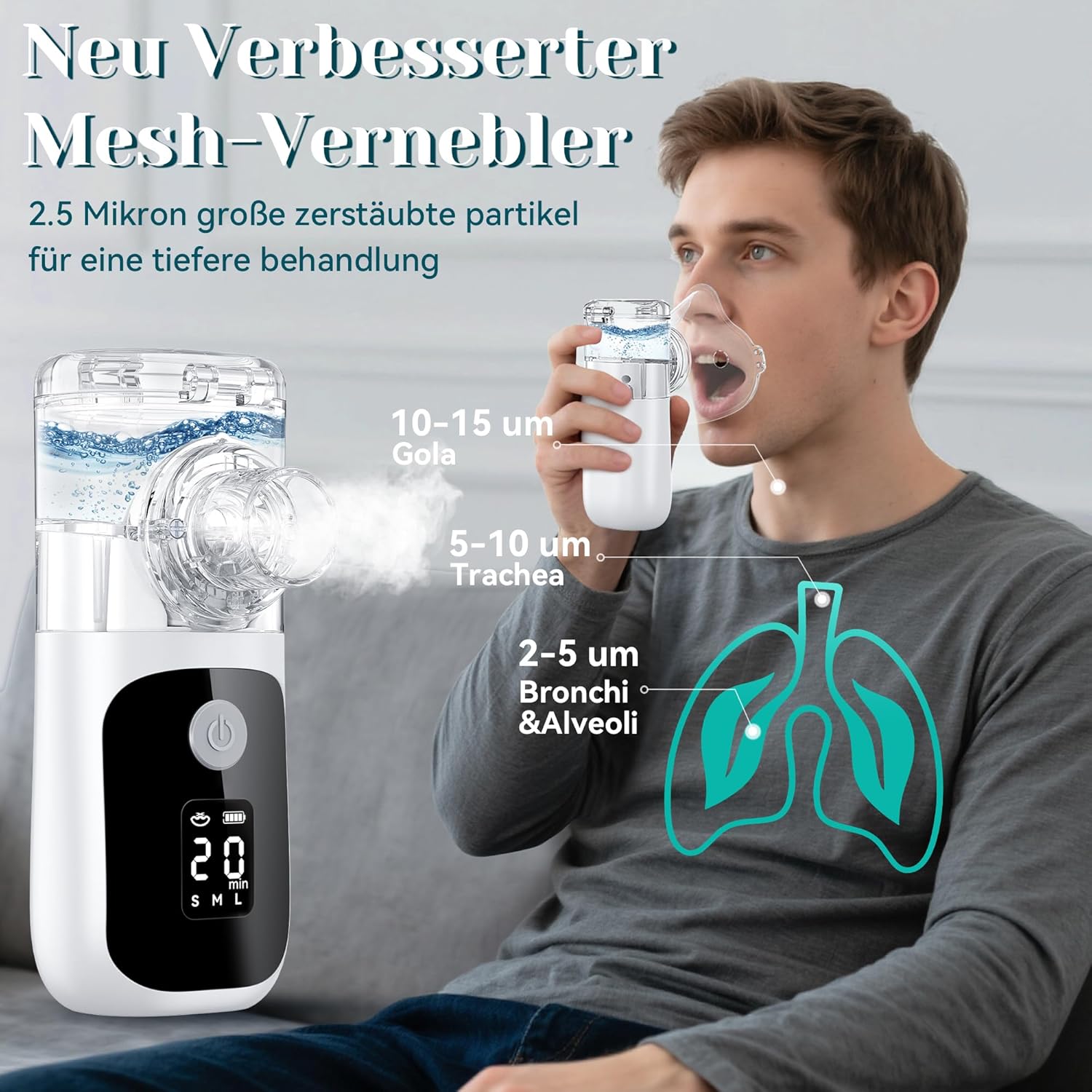 Thumbnail 2 de Inhalationsgerät für Erwachsene & Kinder mit Mesh-Technologie, Countdown-Timer, Selbstreinigung und USB-Akku (1–5 µm)