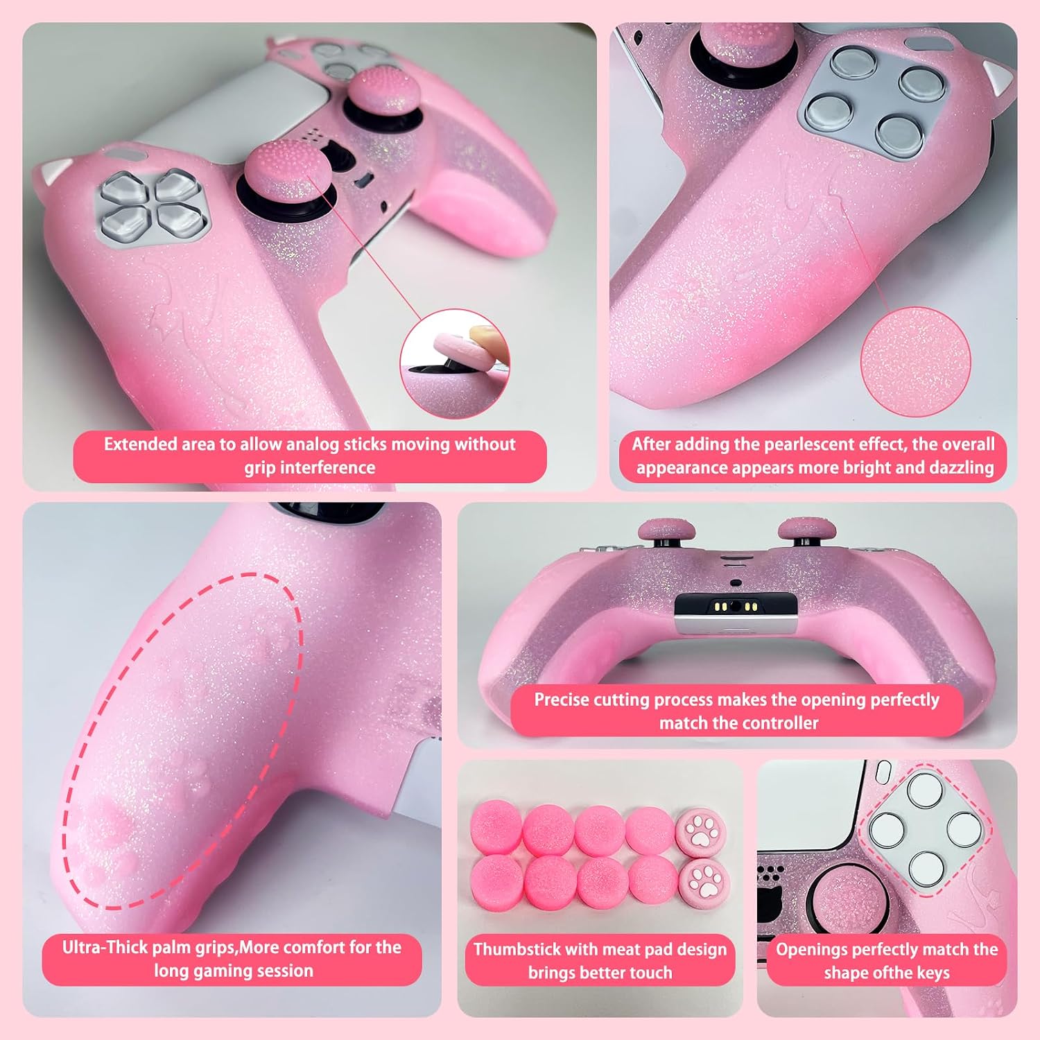 Detalle de HLRAO Pink Cat Glitter Anti-Slip Silicone Controller Skin Grip Set for PS5 (8 thumb grips and 2 paw grips)