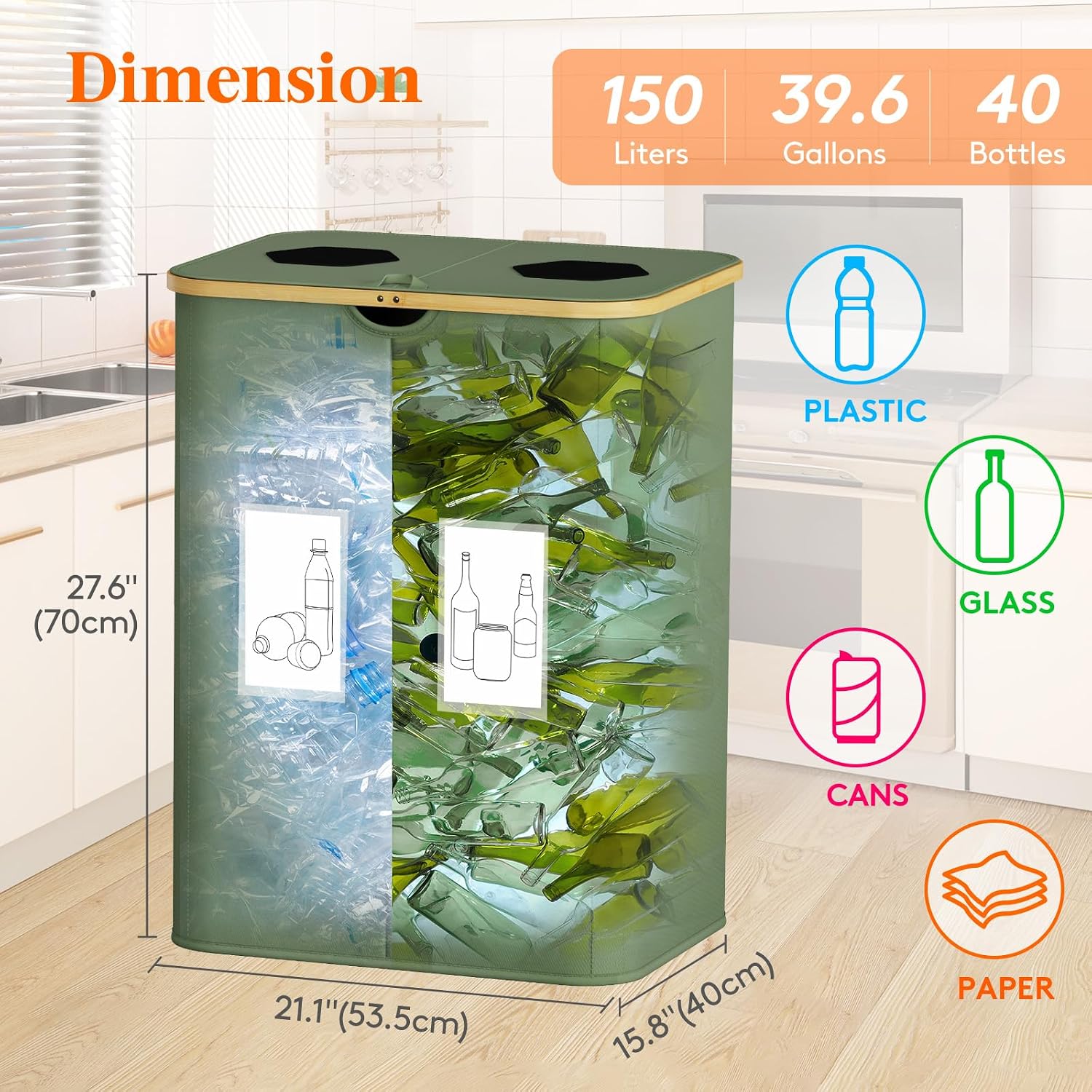 Detalle 2 de Lifewit 150L Bottle Collector with 2 Compartments, Lid and Green Polyester Fabric