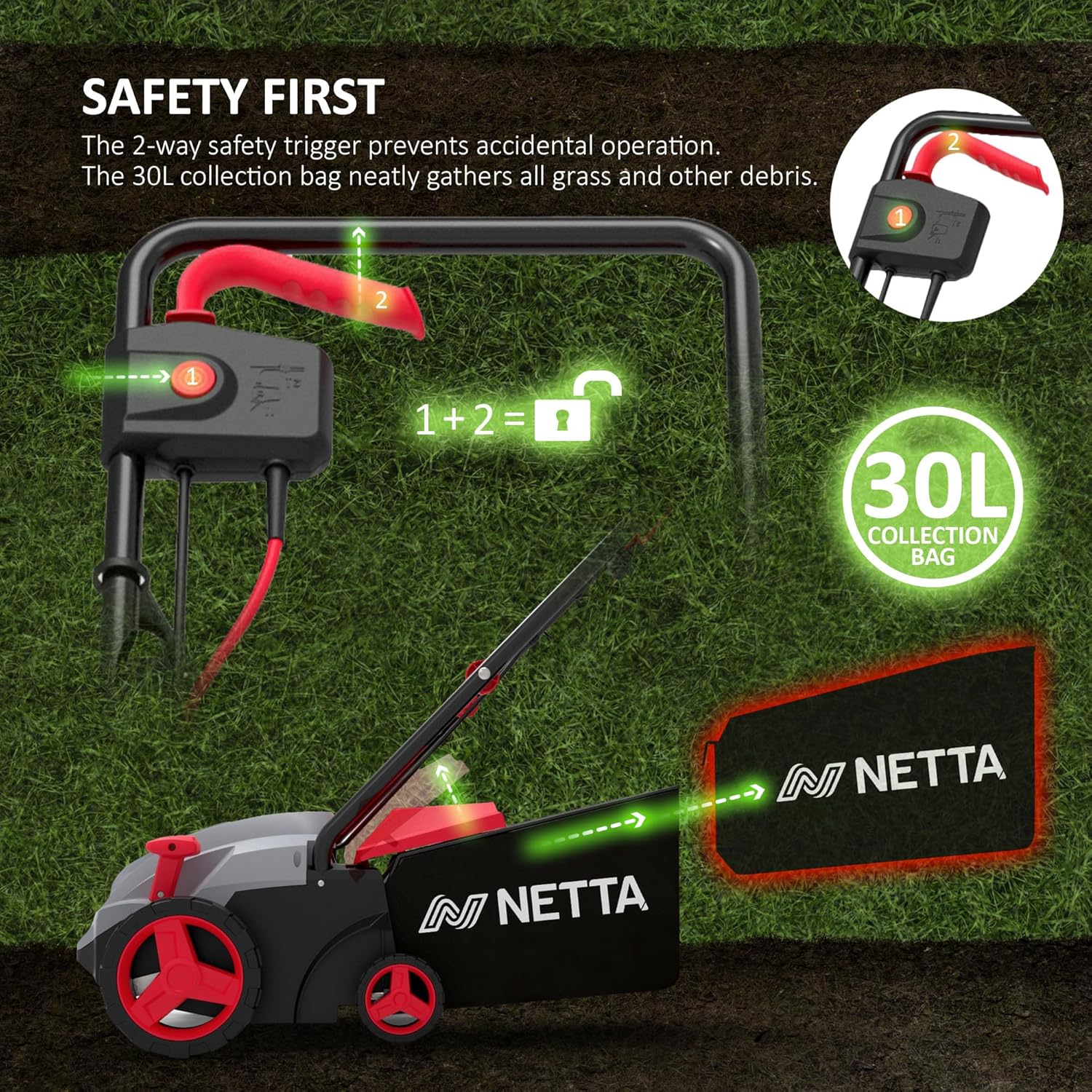 Thumbnail 4 de NETTA 1500W Lawn Scarifier and Aerator – 320mm Electric Garden Rake & Moss Remover
