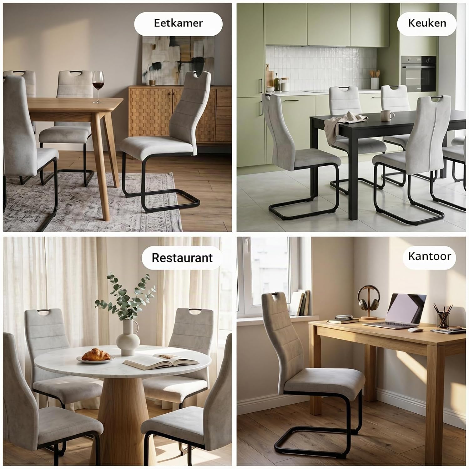 Detalle 1 de JIEXI NC181 cantilever eetkamerstoelen, set van 4 met grijze stof en zwart frame