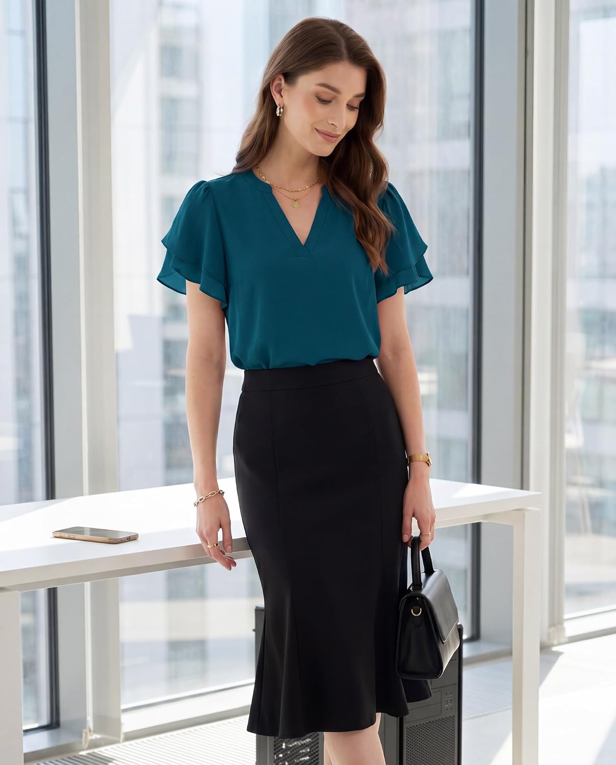 Detalle 2 de Lotusmile Womens Dressy Chiffon Blouses: Summer Puff Petal Short Sleeve V-Neck Top