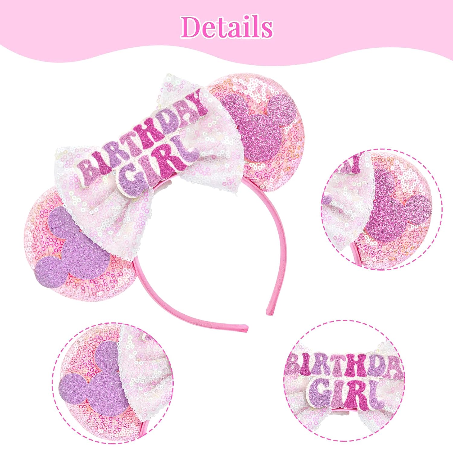 Detalle de LYLIN TG-Birthday Girl Pink Birthday Mouse Ears Headband for Parties