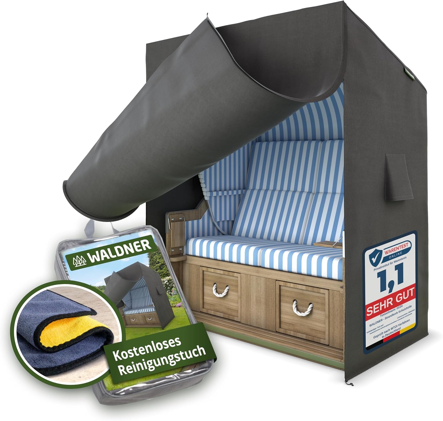 Detalle de WALDNER Strandkorb Schutzhülle Oxford 600D – wasserdicht, winterfest und UV-beständig (120 x 90 x 160 B/T/H) grau