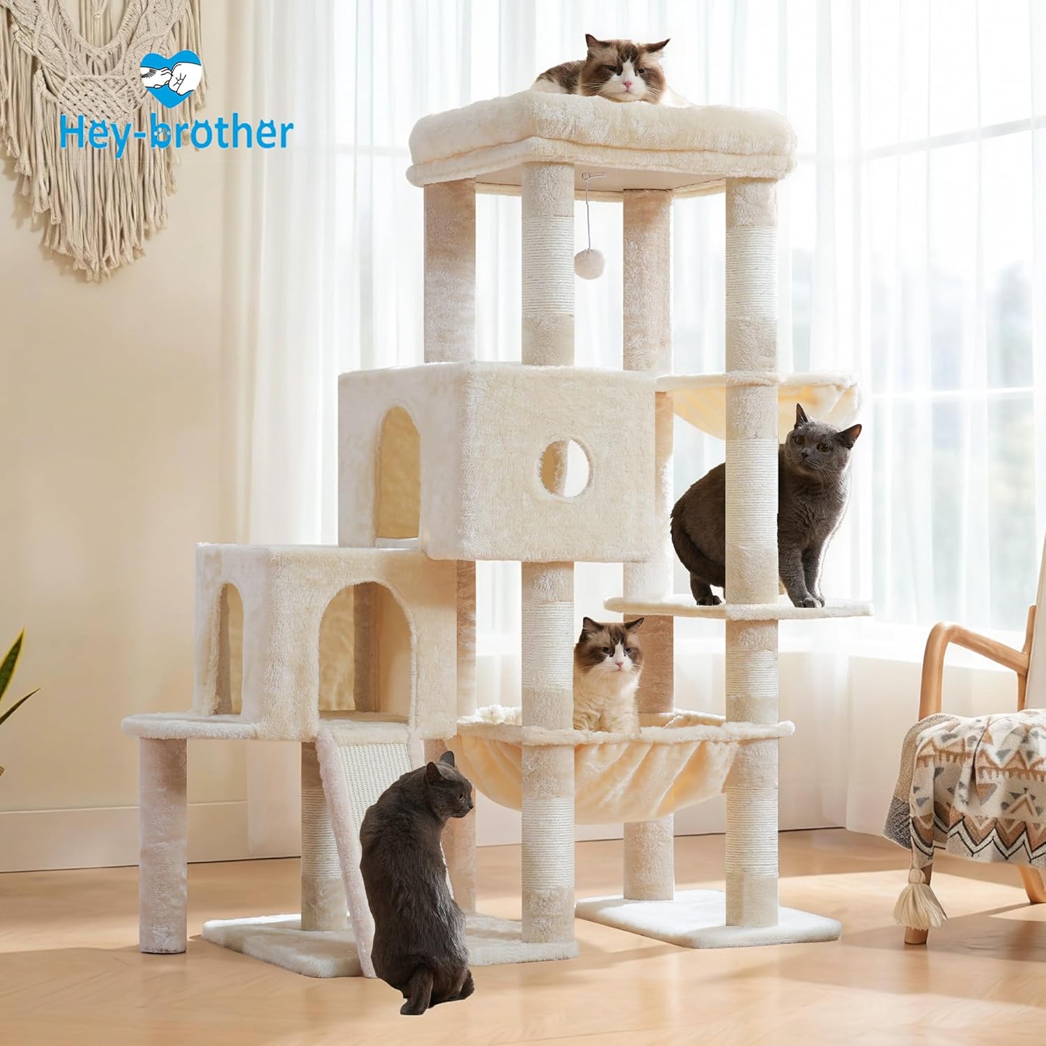Thumbnail 6 de Hey-brother Arbre à Chat – Tour de Jeu avec grande plateforme et 2 niches (MPJ071M) – Beige