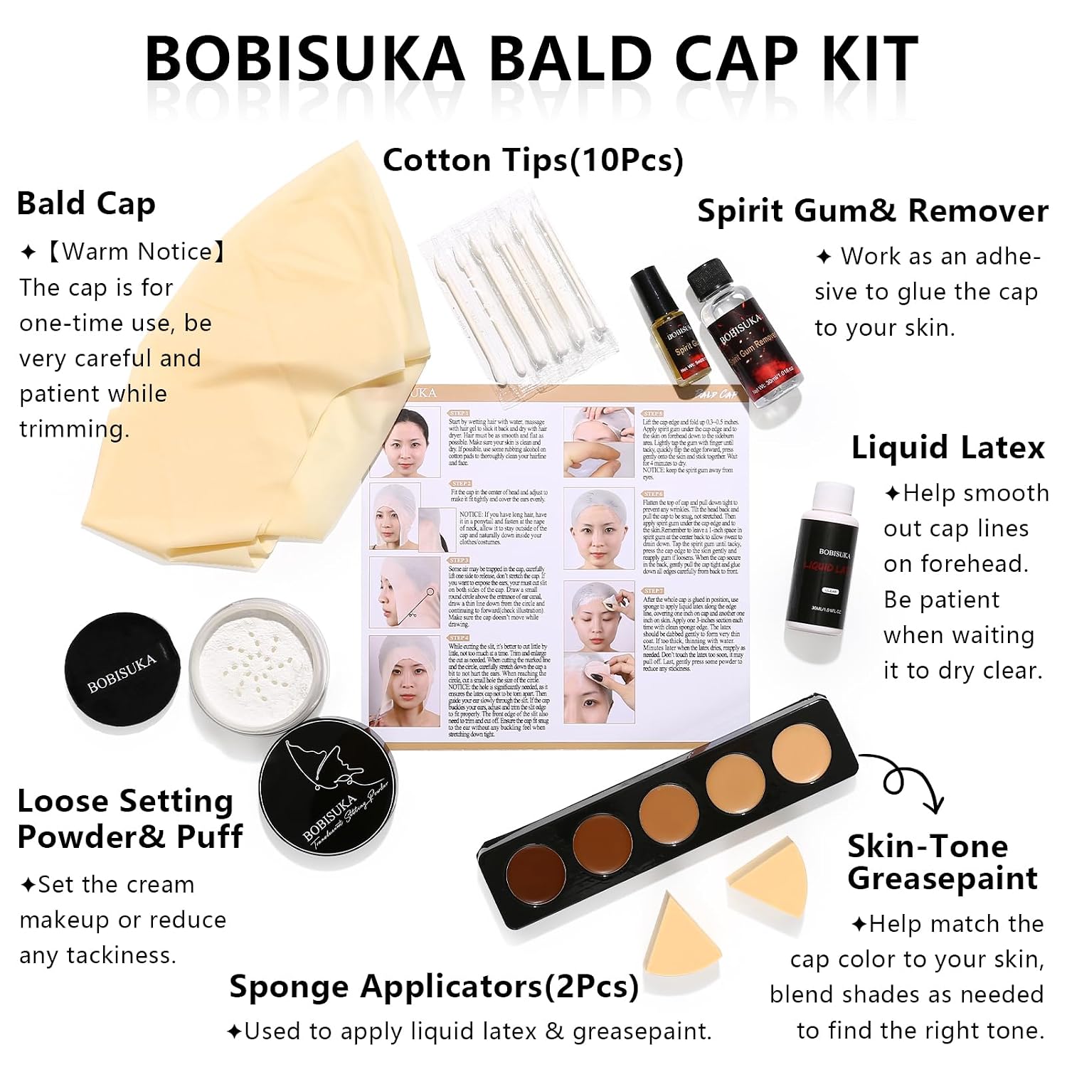 Detalle 2 de BOBISUKA STBS039_SET1 Bald Cap Makeup Kit with Latex and 5-Color Greasepaint
