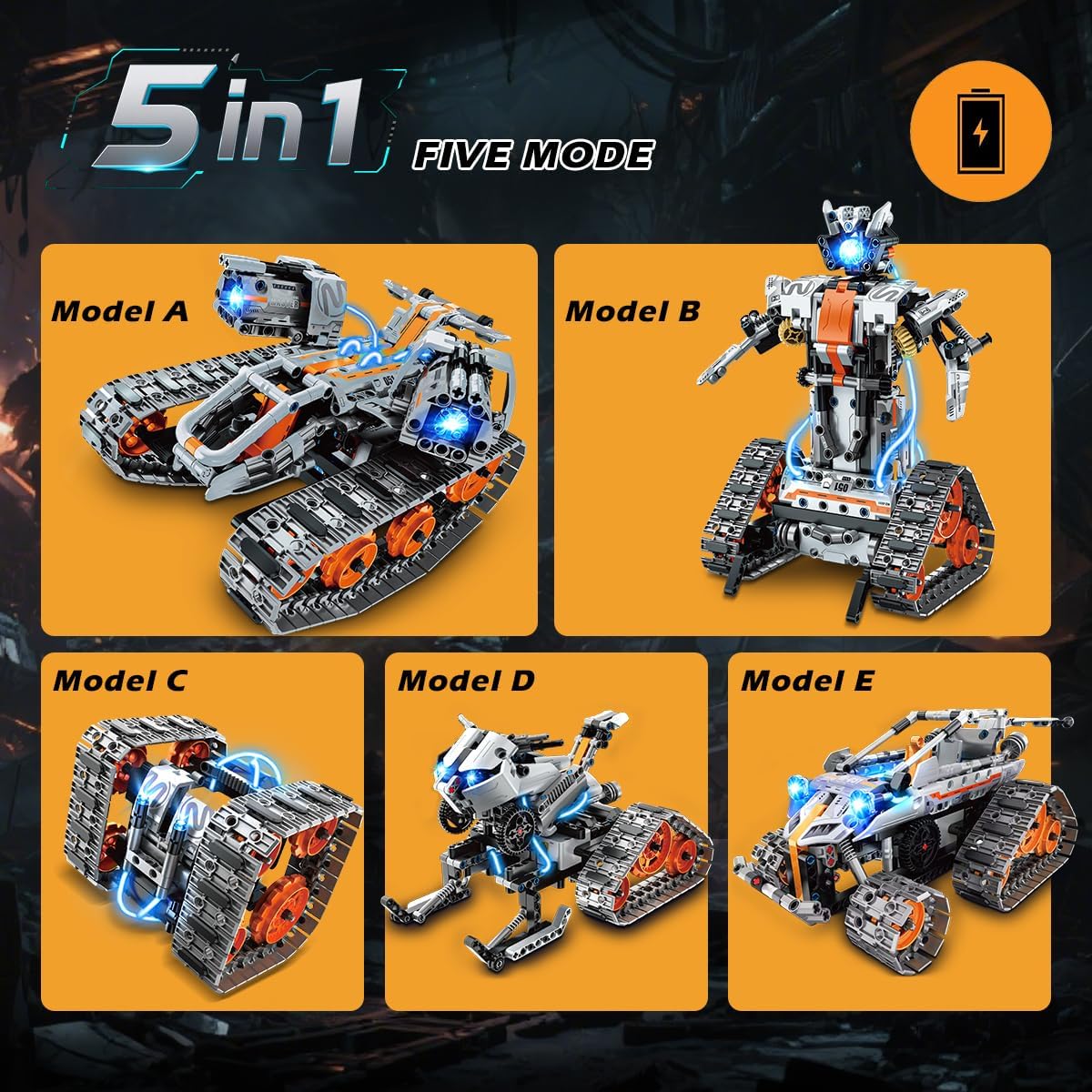 Detalle 2 de PLAXSOON Technik Bauspielzeug 5‑in‑1: RC Panzer, Roboter & Co. mit LED, 604 Teile