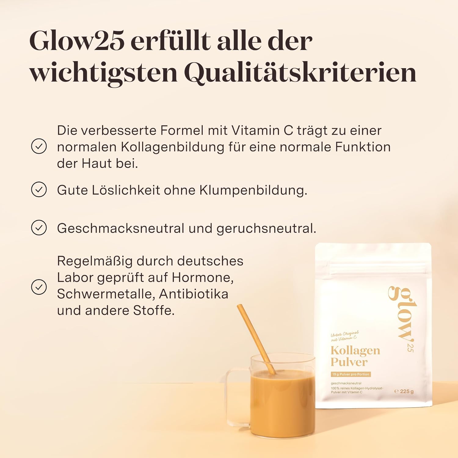 Detalle de Glow25® Collagen Pulver 225 g – Unser Original mit Vitamin C (hydrolysiertes Kollagen, Peptid Typ 1 & 3)