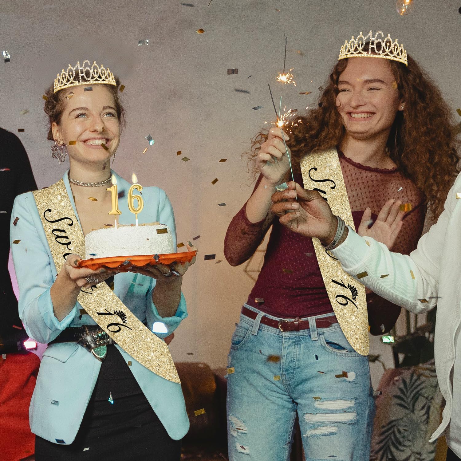 Thumbnail 6 de Amosking Sweet 16 birthday decorations set with 16 sash, tiara and gold number 16 candles