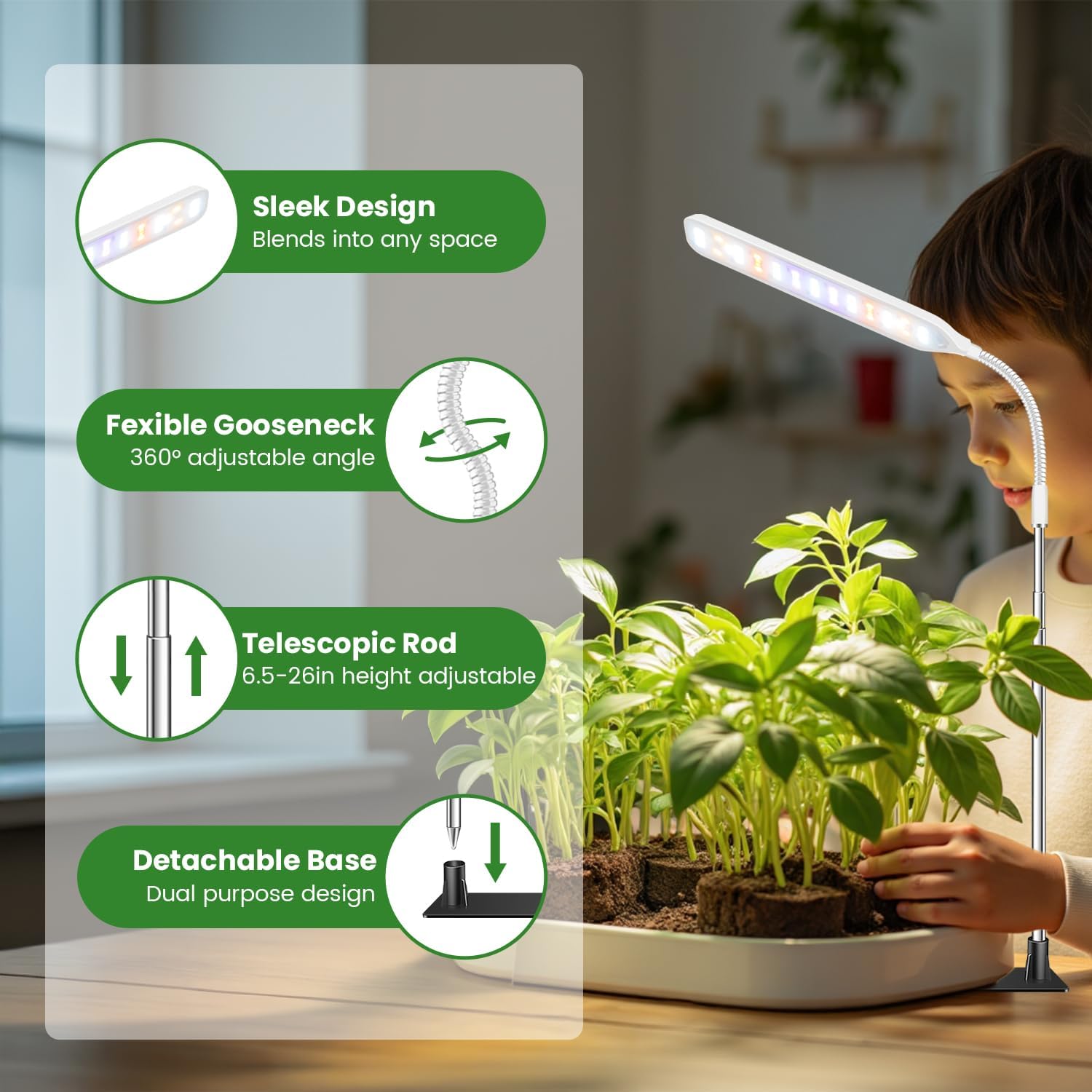 Detalle 2 de Wolezek ZY-M10A Indoor Plant Grow Lights, 52 LEDs, Timer, 2-Pack