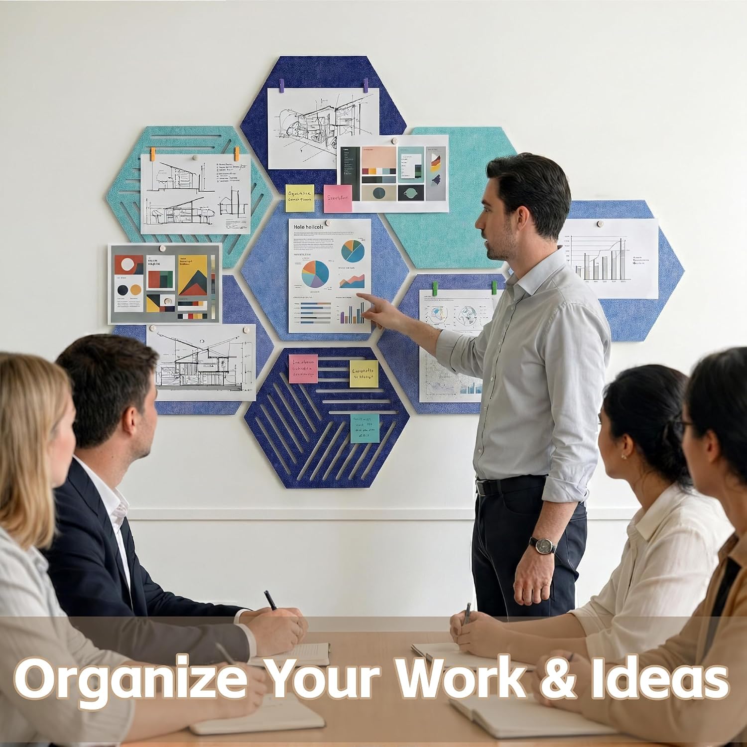 Detalle 2 de Uoisaiko UY-US-10059-Q8 Hexagonal Felt Bulletin Board Tiles, 8-Pack