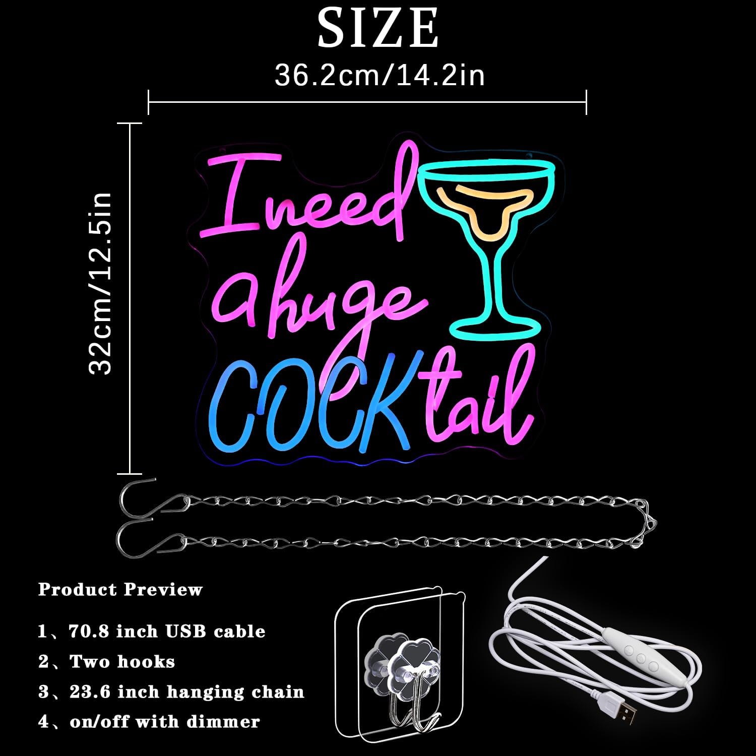 Thumbnail 1 de LMSIGNLY Cocktail Neon Schild – farbiges LED-Lichter-Schild für Wanddeko (14,2 x 12,6 Zoll)