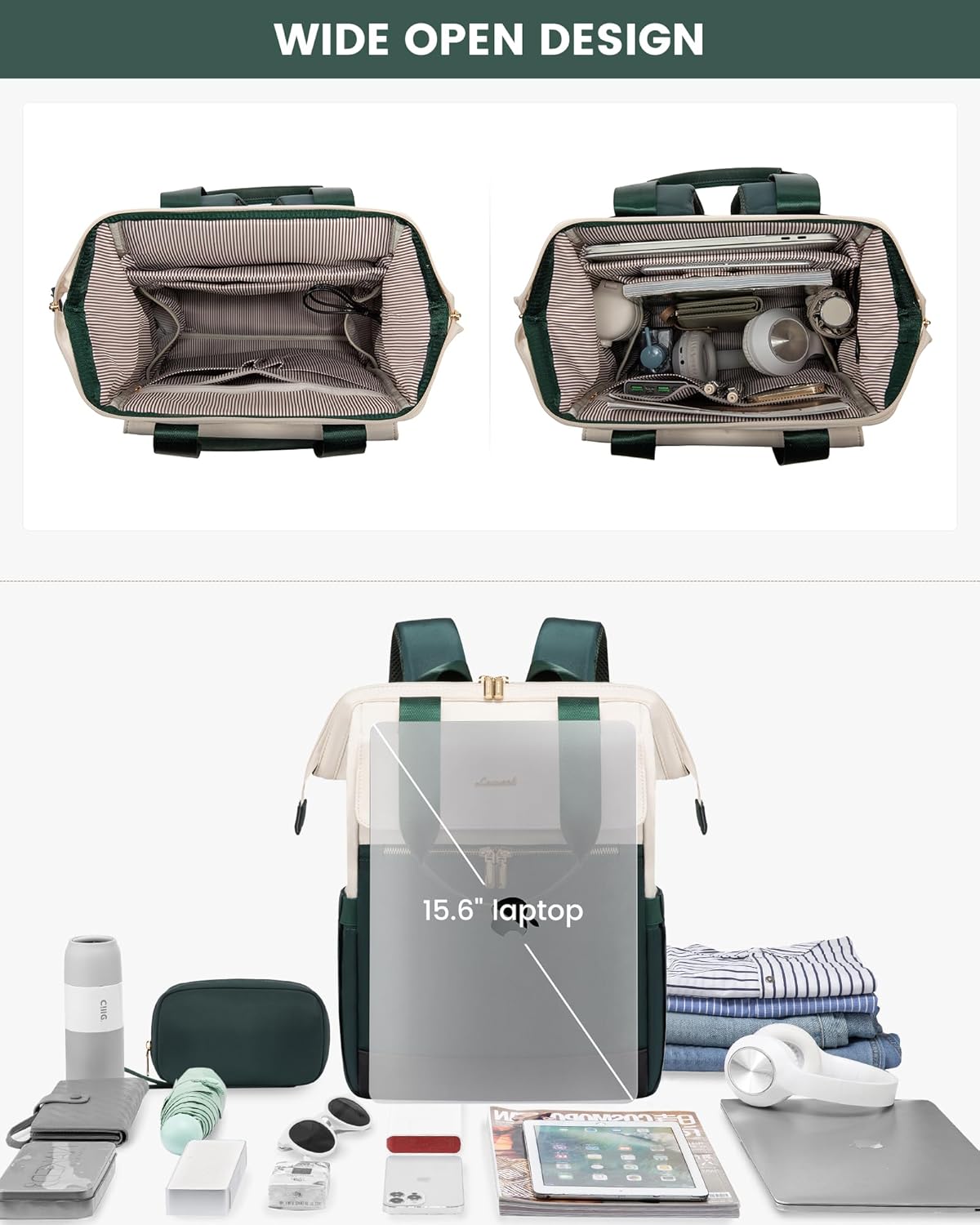Thumbnail 4 de LOVEVOOK Backpack Womens: 15.6 inch Laptop Rucksack in Beige Green