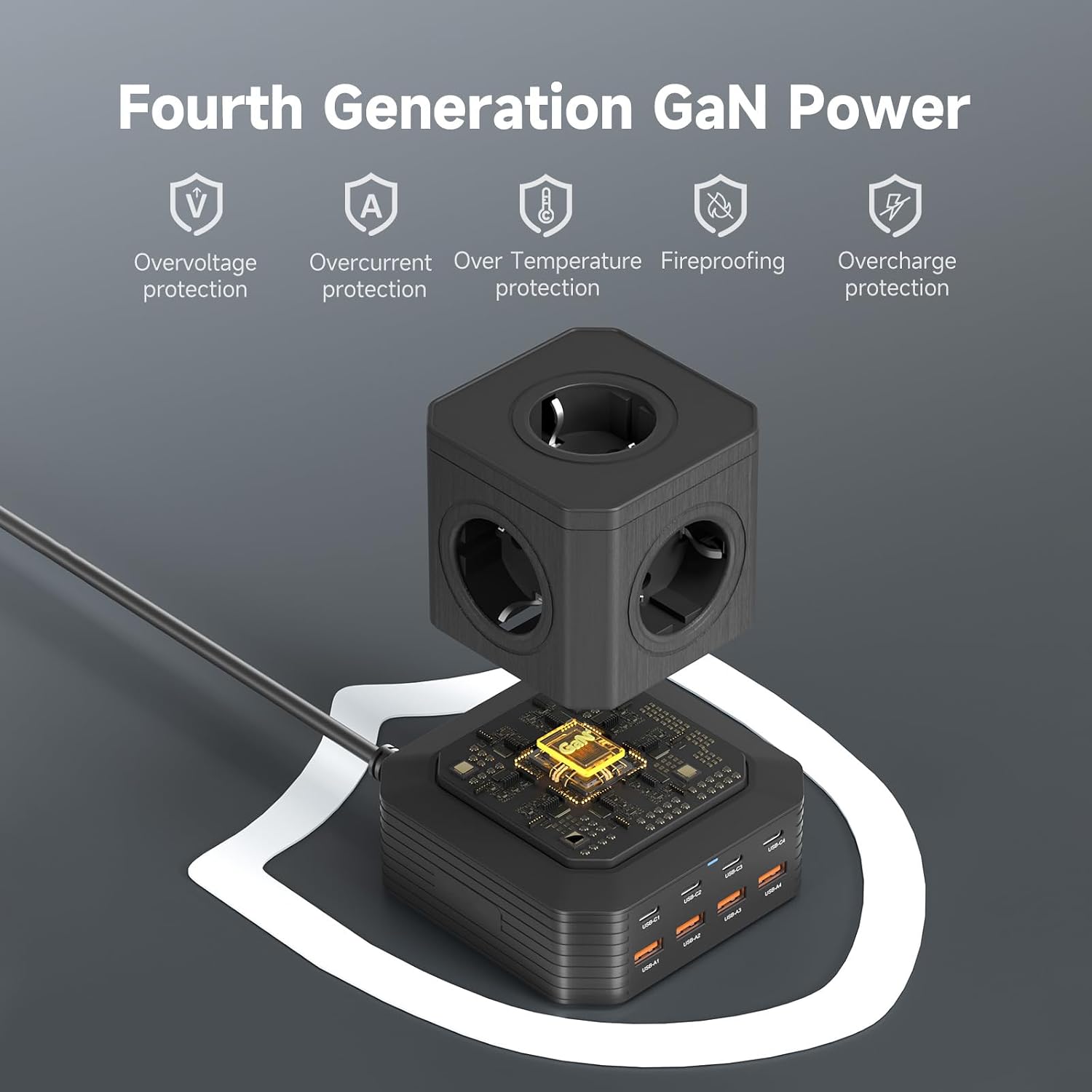 Detalle 2 de TOPREK 100W Multiprise USB Cube 13 en 1 avec 8 ports USB et 5 prises AC, câble 2 m