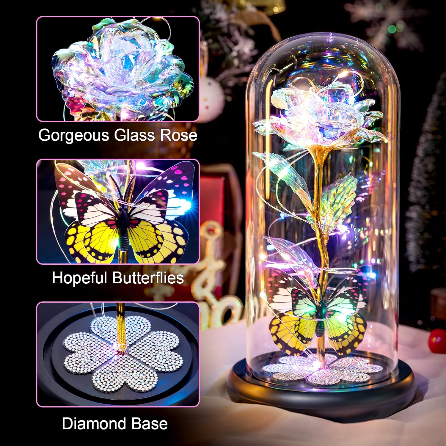 Detalle de Pusuny Galaxy Glass Rose in Dome with Butterfly - Eternal Crystal Rose Gift for Mom, Wife, or Daughter