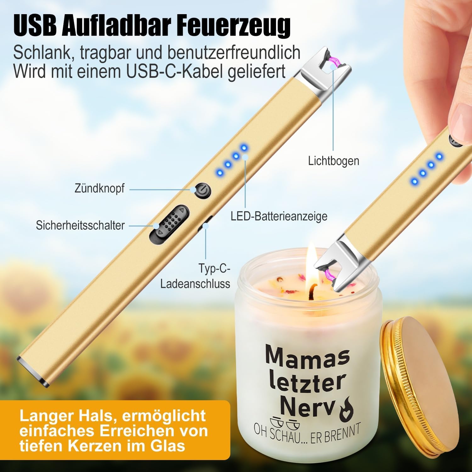 Thumbnail 4 de Muttertagsgeschenke Set: 7OZ Lavendelkerze, Lichtbogen-Feuerzeug und gravierter Schlüsselanhänger